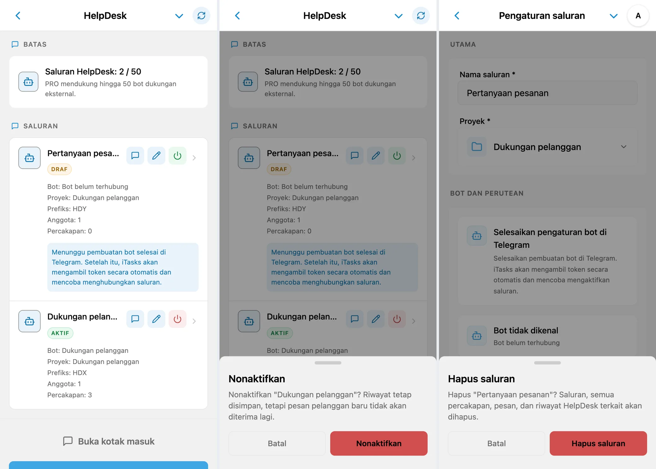 Daftar saluran dan konfirmasi penonaktifan atau penghapusan