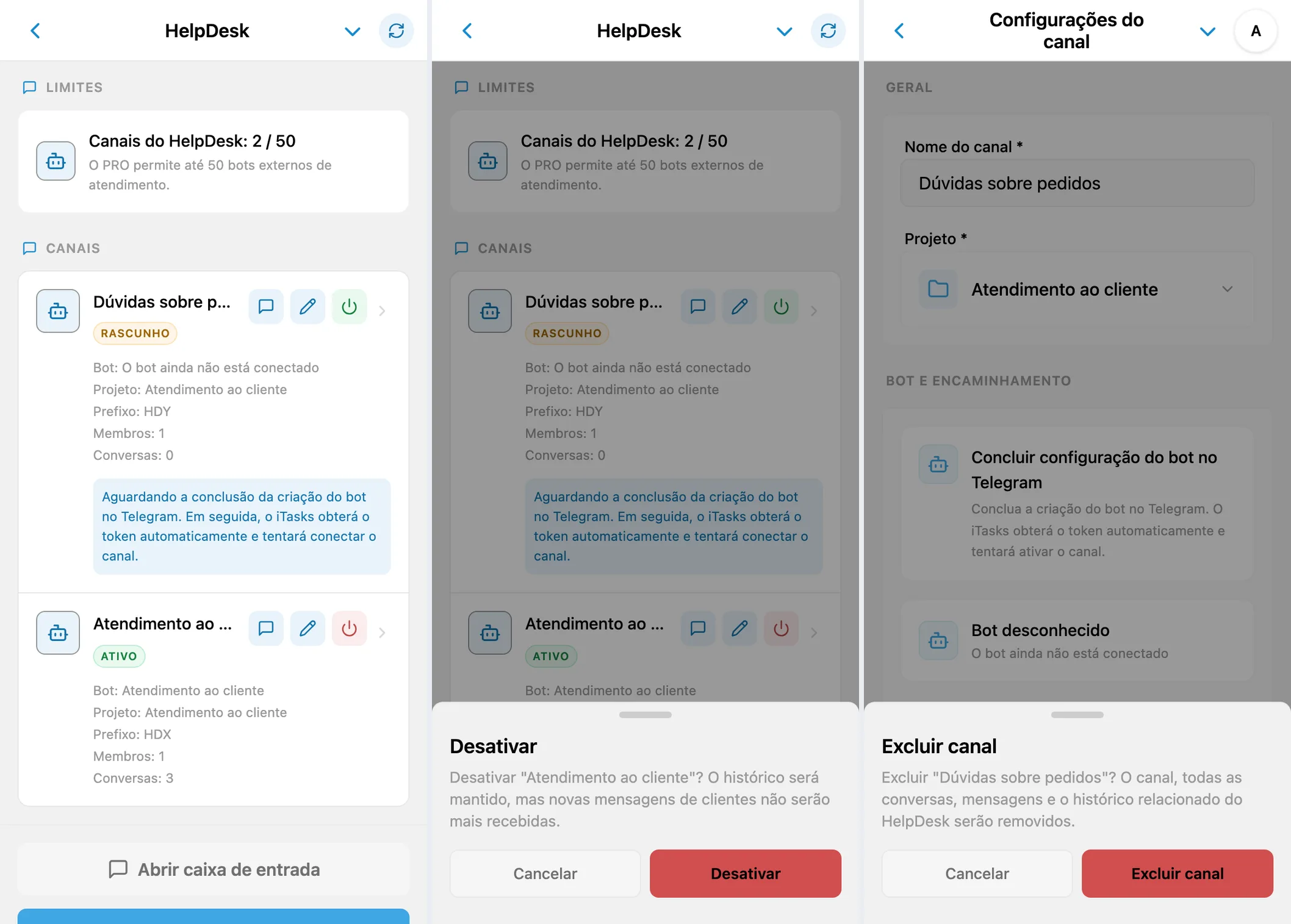 Lista de canais e confirmações de desativação ou exclusão de um canal de HelpDesk