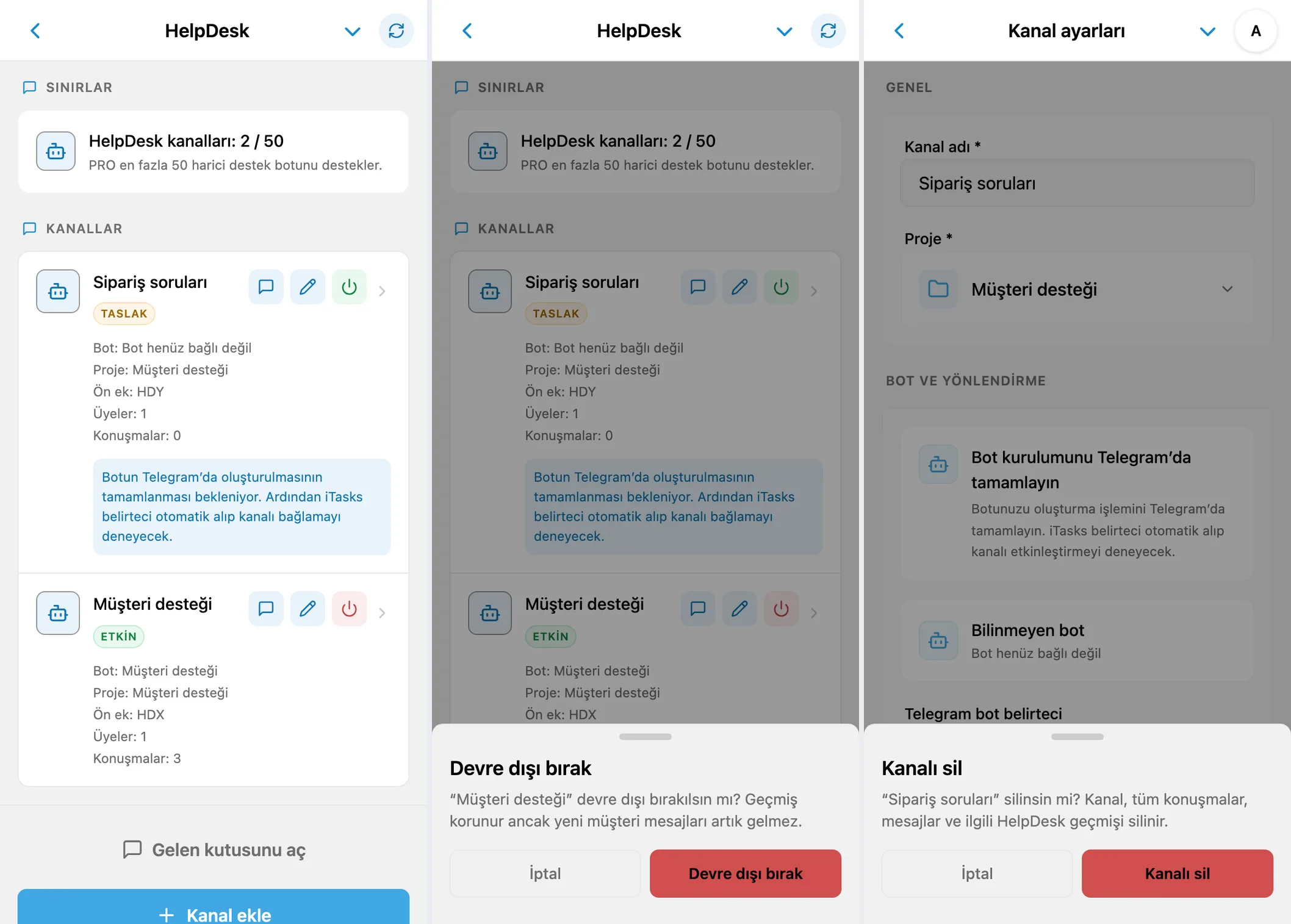 Kanal listesi ve HelpDesk kanalını devre dışı bırakma veya silme onayları