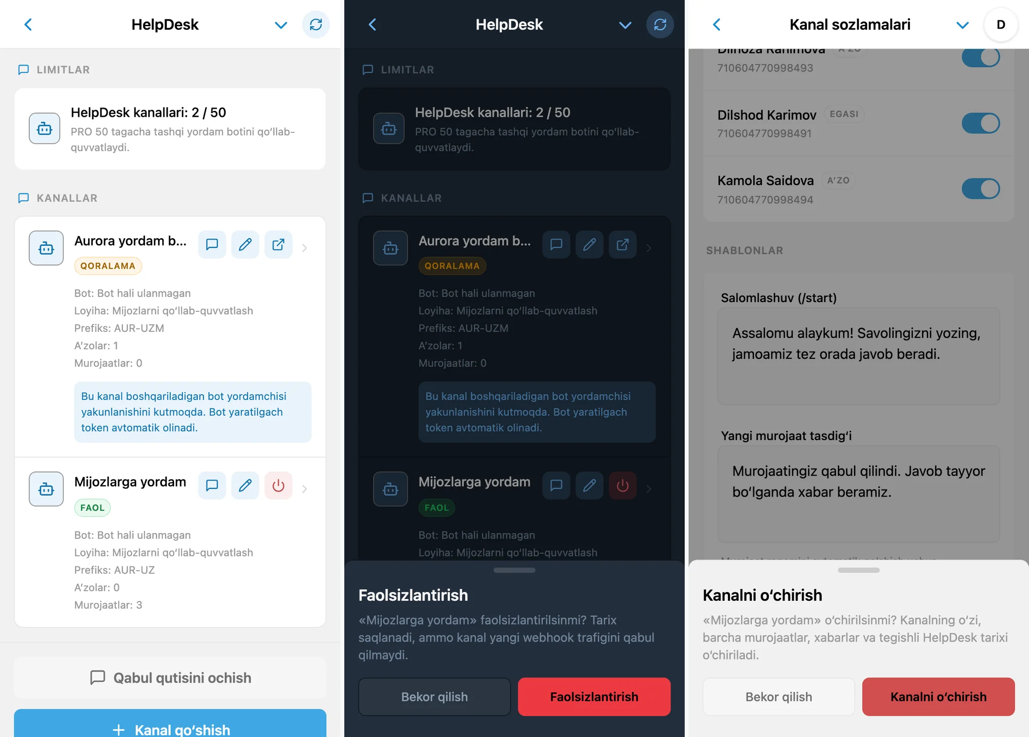 Kanal ro‘yxati va HelpDesk kanalini faolsizlantirish yoki o‘chirish tasdiq oynalari