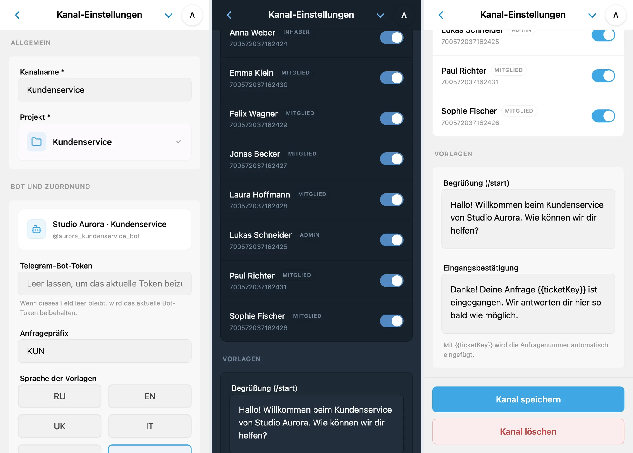 Kanaleinstellungen: Projekt, Bot, Vorlagensprache, Mitglieder und automatische Nachrichten