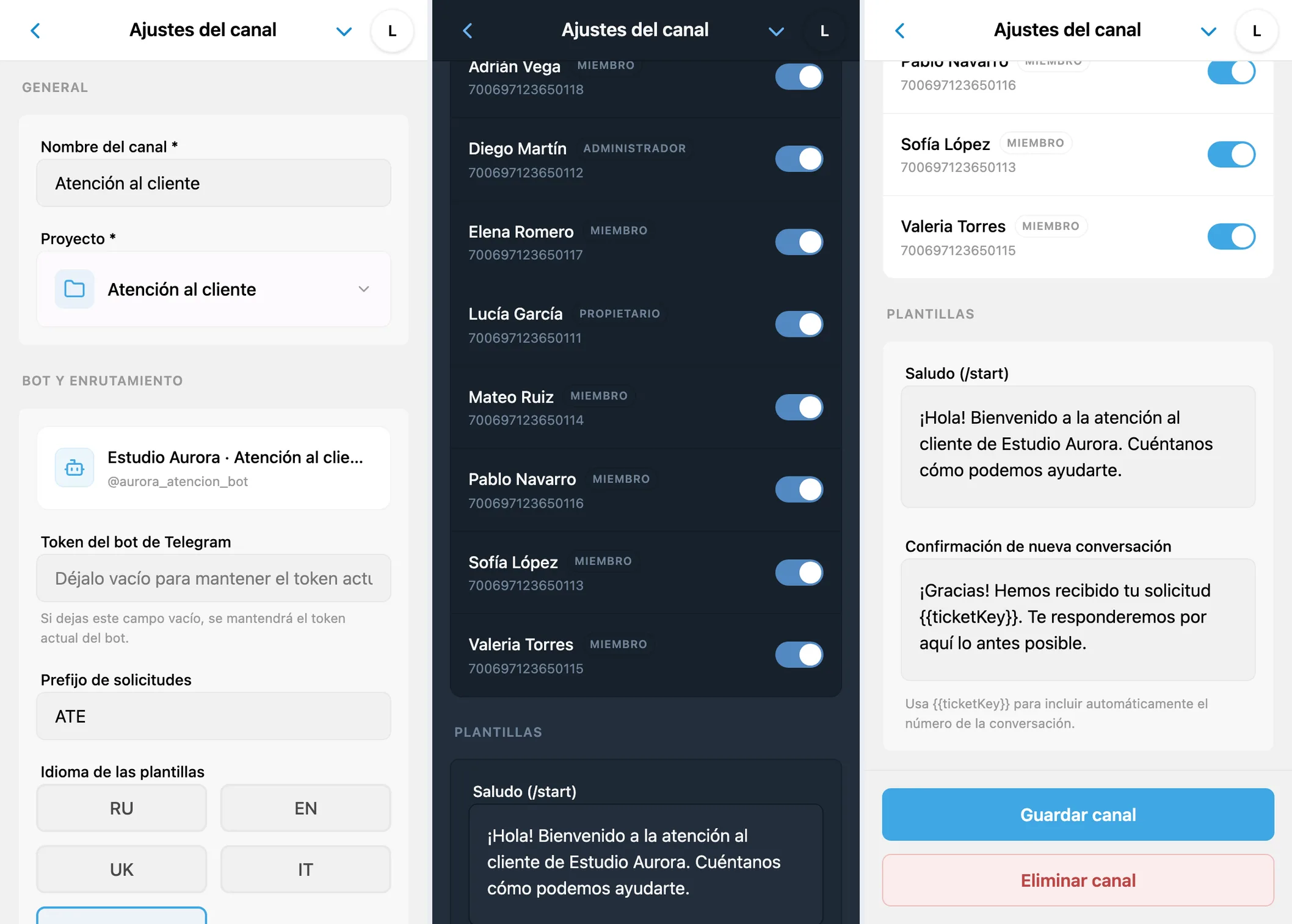 Ajustes del canal: proyecto, bot, idioma de plantillas, miembros y mensajes automáticos