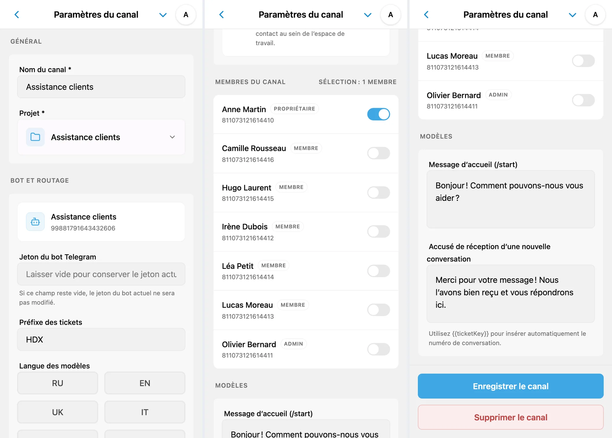 Paramètres du canal : projet, bot, langue, membres et messages automatiques