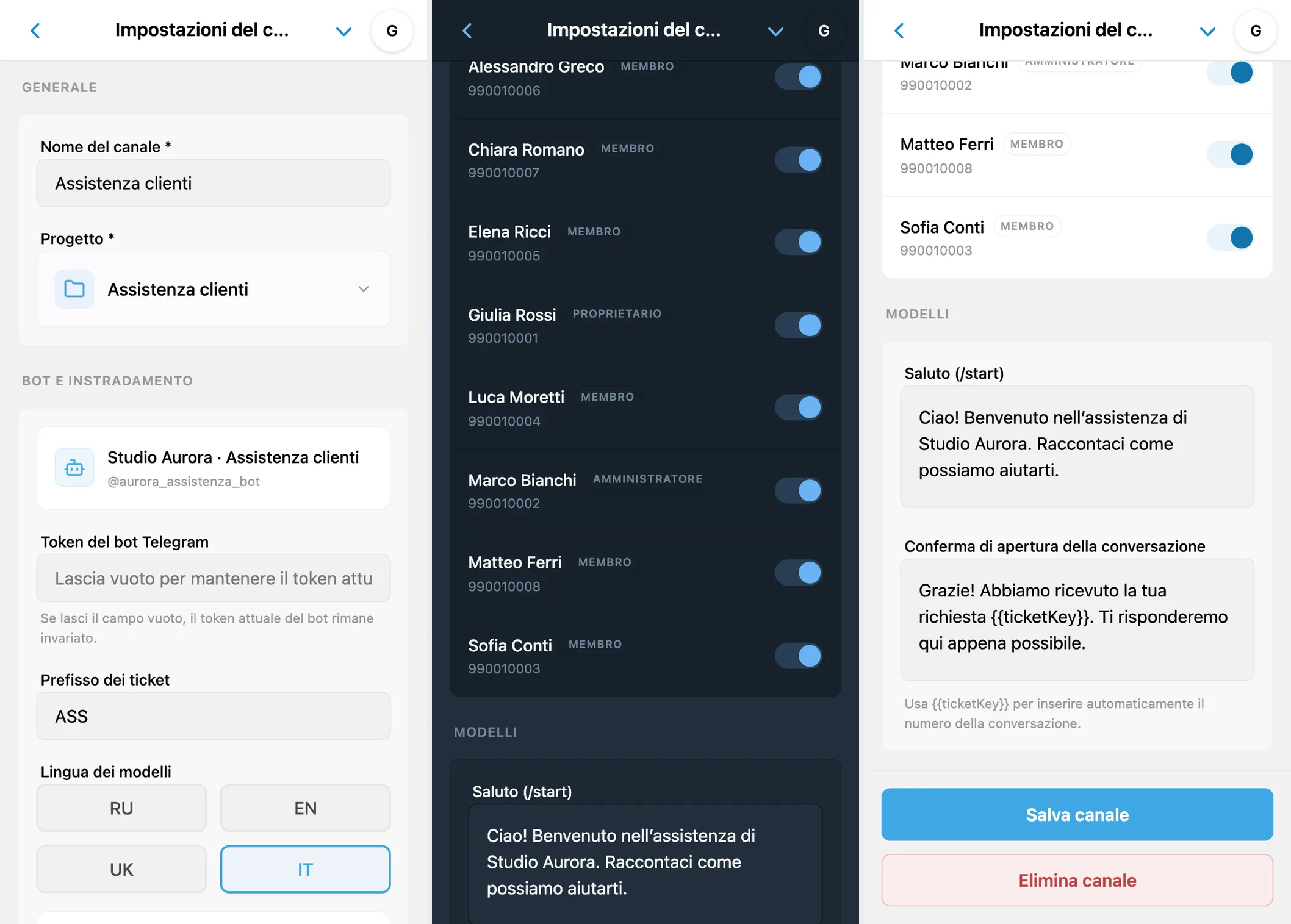 Impostazioni del canale: progetto, bot, lingua dei modelli, membri e messaggi automatici