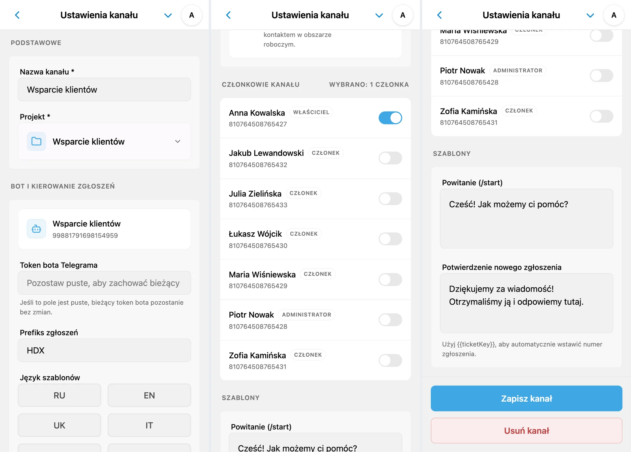 Ustawienia kanału: projekt, bot, język, członkowie i wiadomości automatyczne