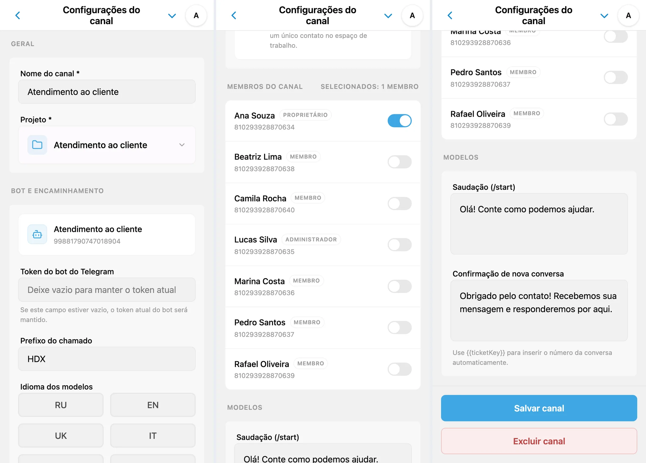 Configurações do canal: projeto, bot, idioma dos modelos, membros e mensagens automáticas