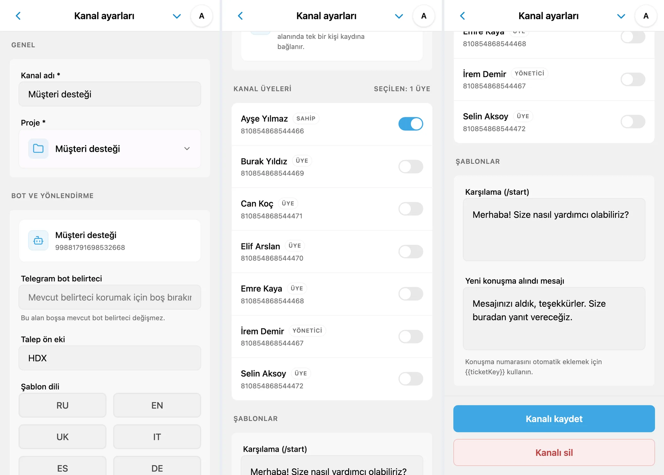 Kanal ayarları: proje, bot, şablon dili, üyeler ve otomatik mesajlar