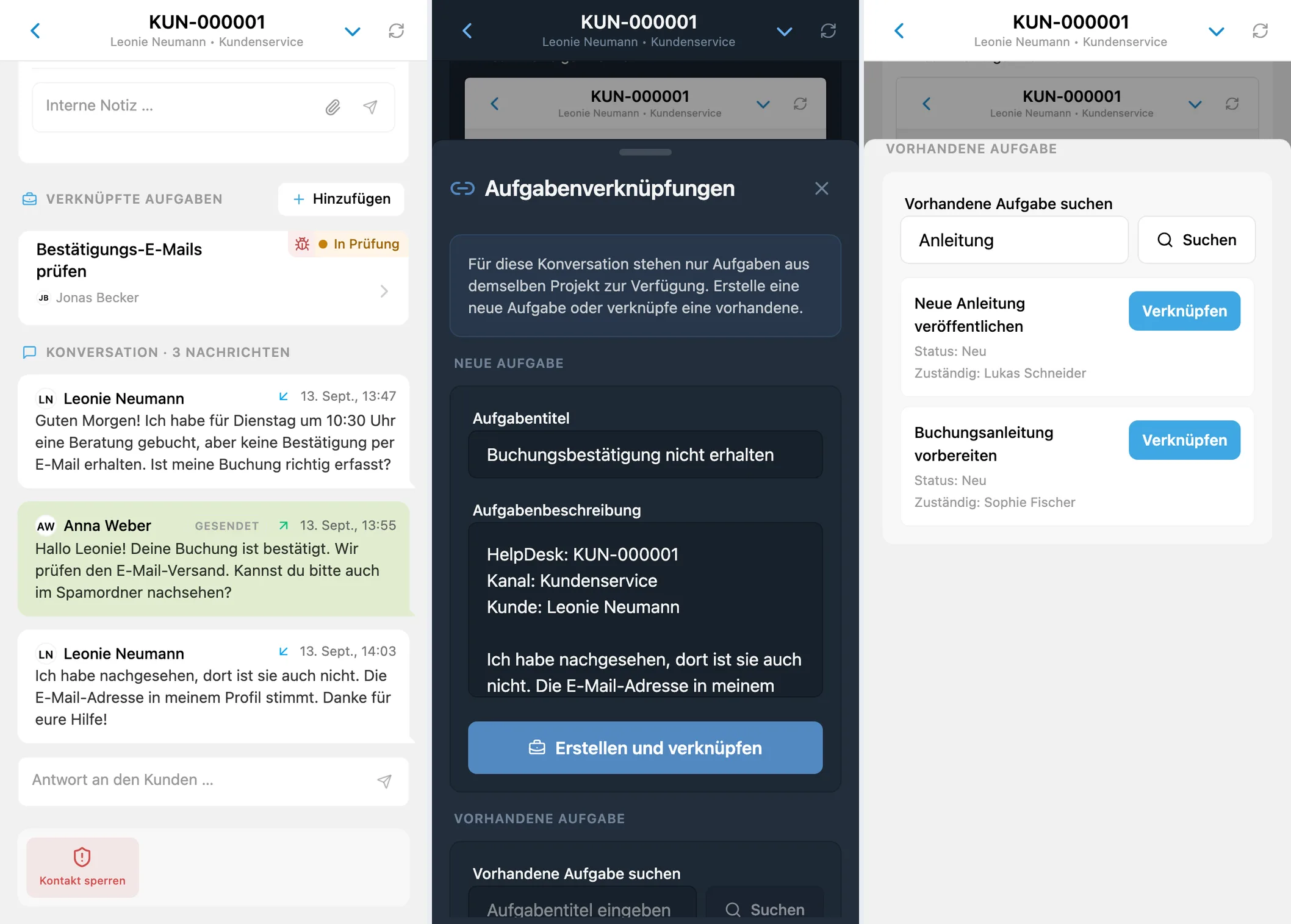 Verknüpfte Aufgabe, neues Aufgabenformular und Suche im selben Projekt