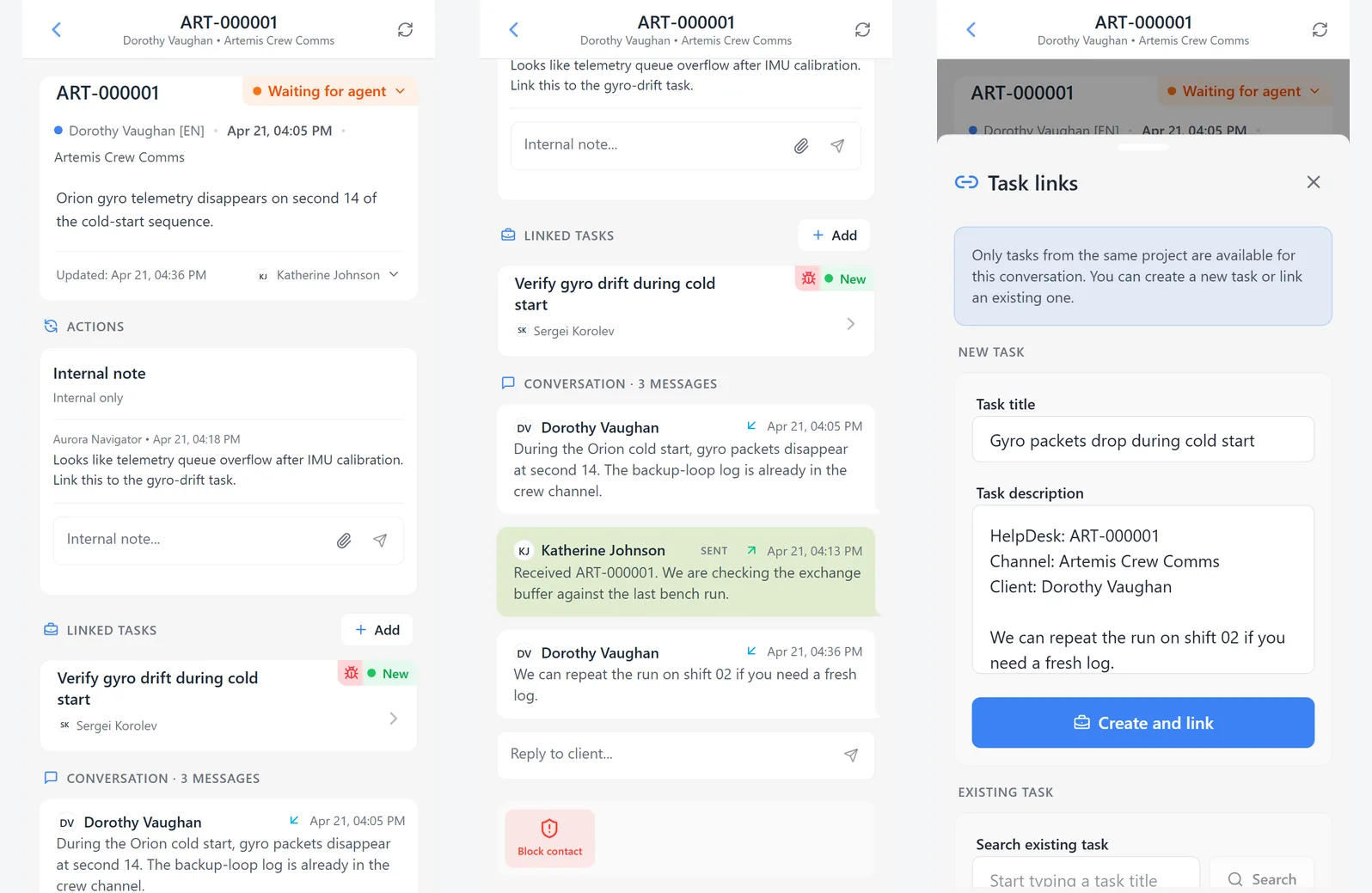 HelpDesk conversation card, messages, linked tasks, and task-link drawer