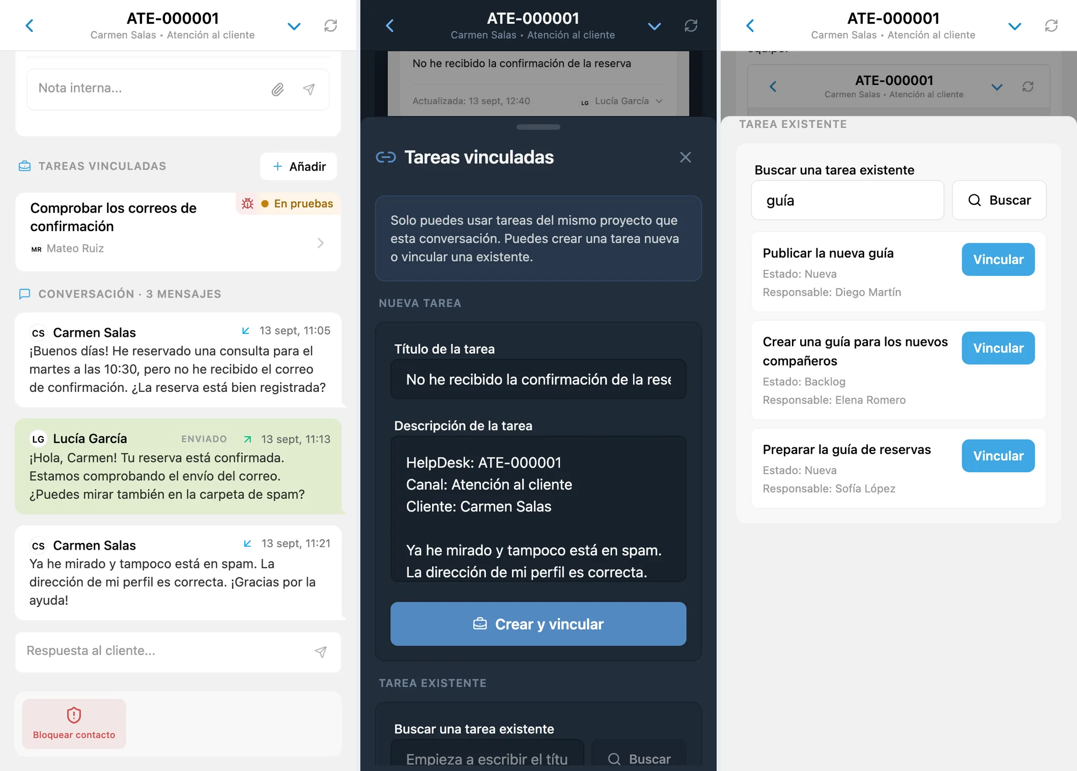 Tarea vinculada, formulario de nueva tarea y búsqueda dentro del mismo proyecto