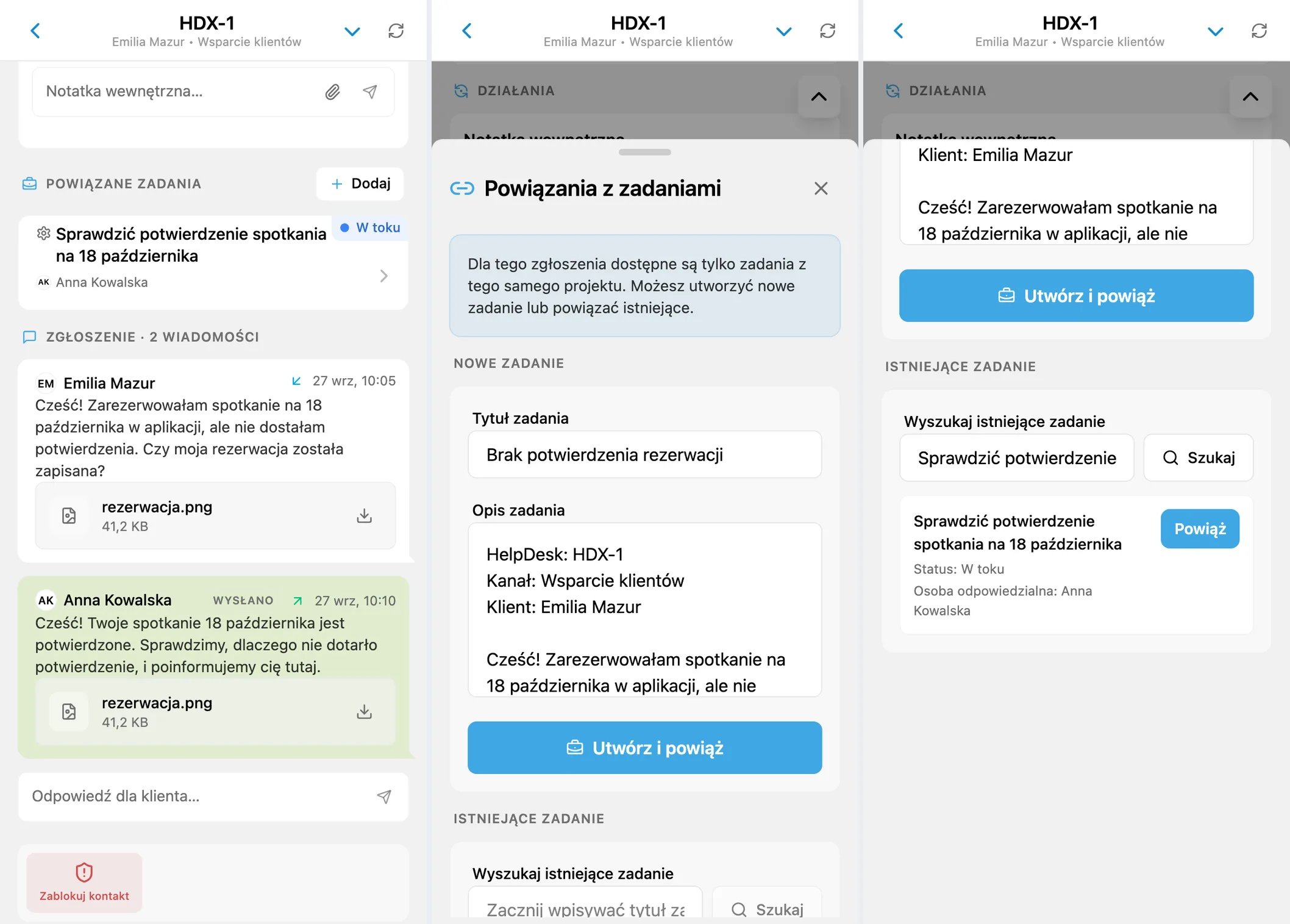 Powiązane zadanie, formularz tworzenia i wyszukiwanie w tym samym projekcie