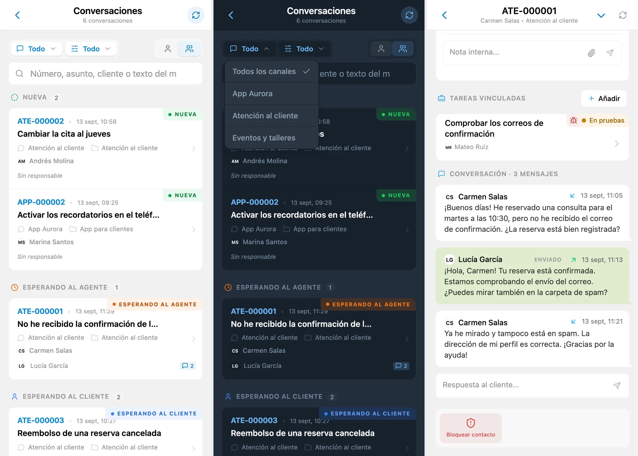 Bandeja de HelpDesk, filtro de canal y conversación con un cliente