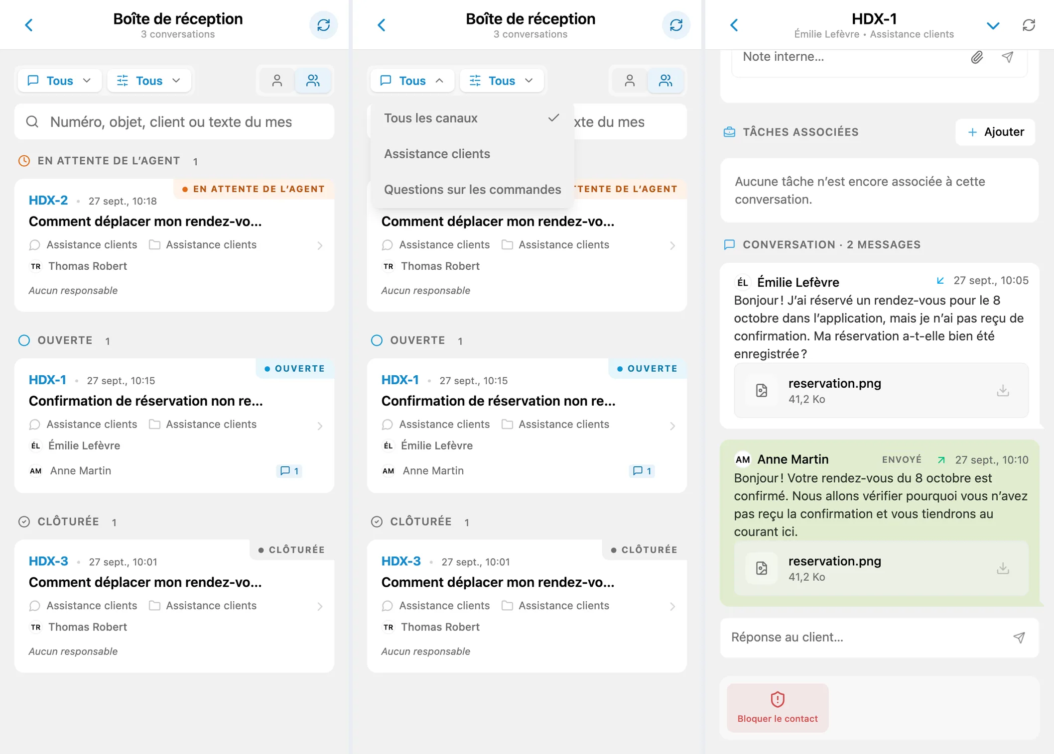 Boîte HelpDesk, filtre de canal et conversation client
