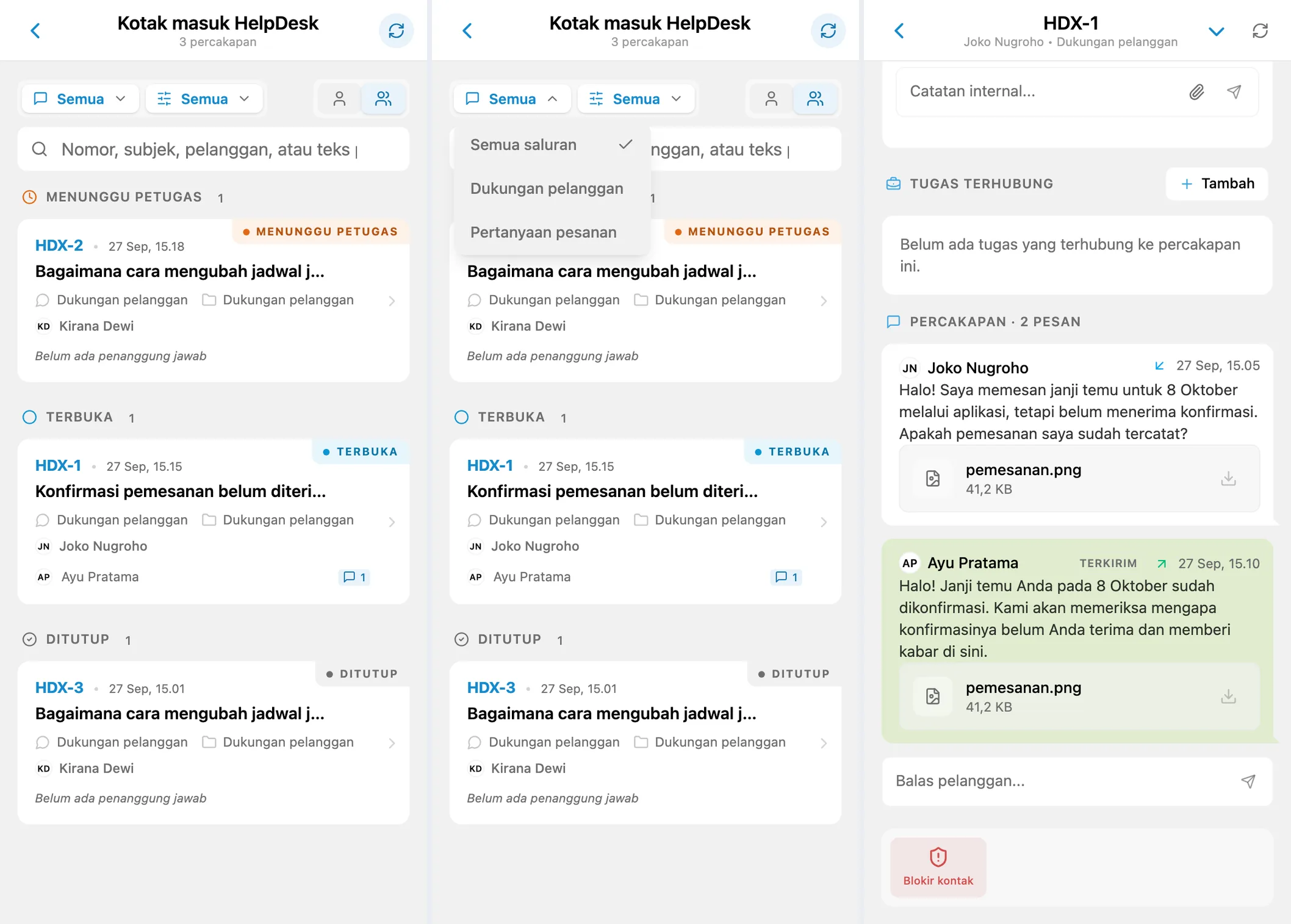 Kotak masuk HelpDesk, filter saluran, dan percakapan pelanggan