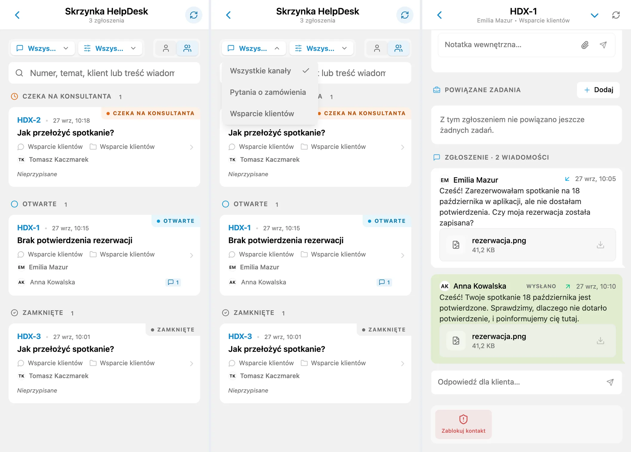 Skrzynka HelpDesk, filtr kanału i rozmowa z klientem