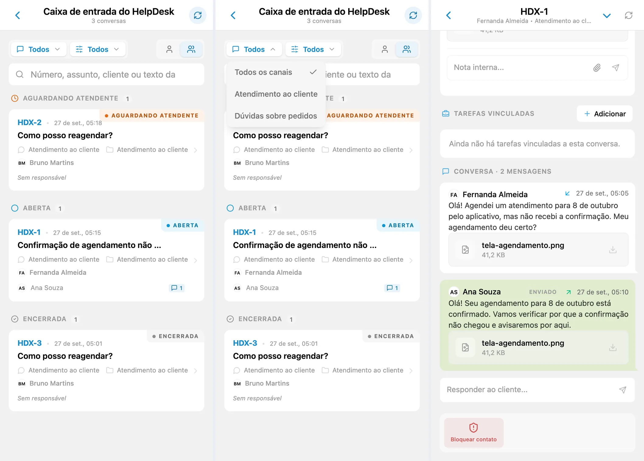 Caixa de entrada do HelpDesk, filtro de canais e conversa com um cliente