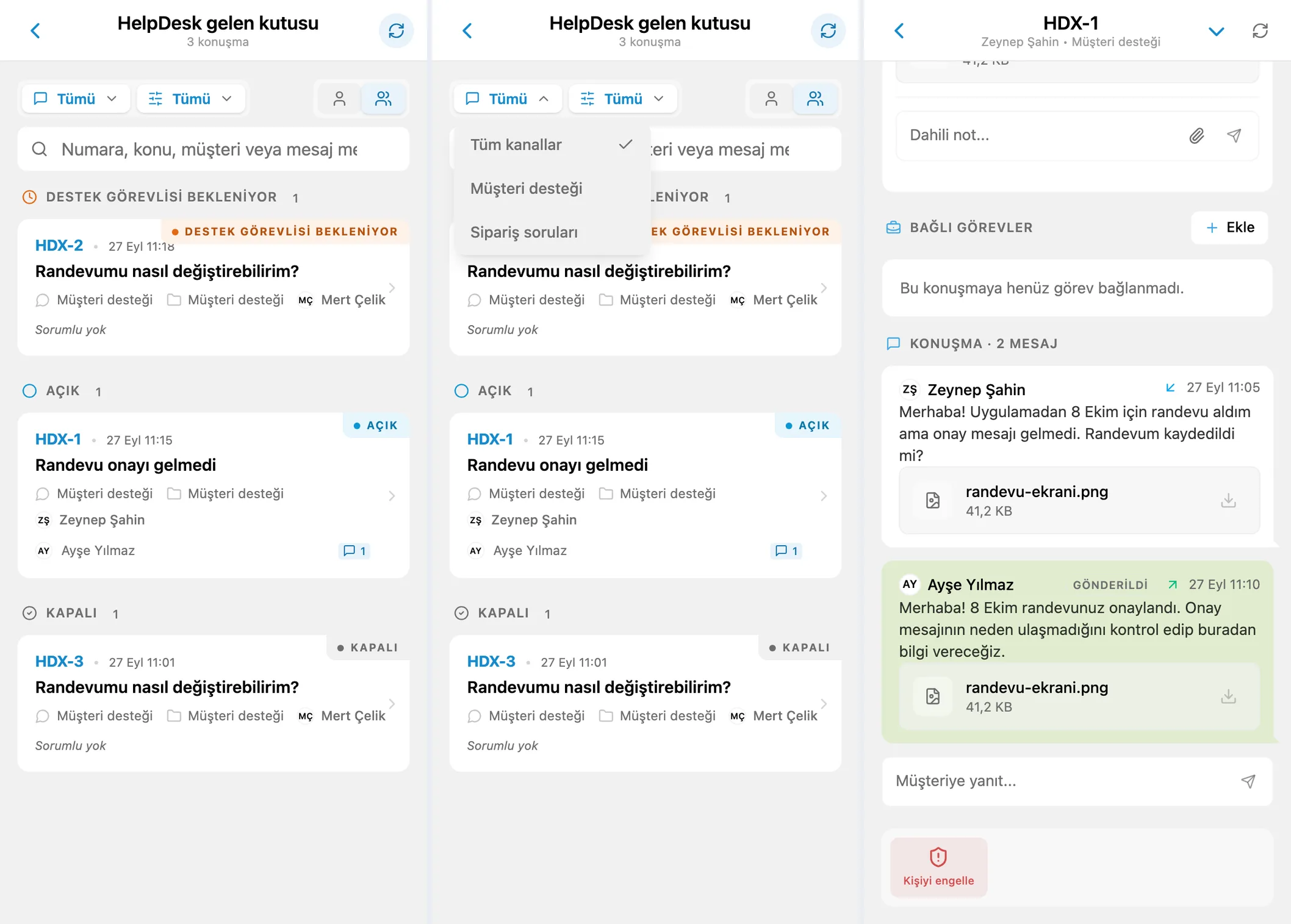 HelpDesk gelen kutusu, kanal filtresi ve müşteri konuşması