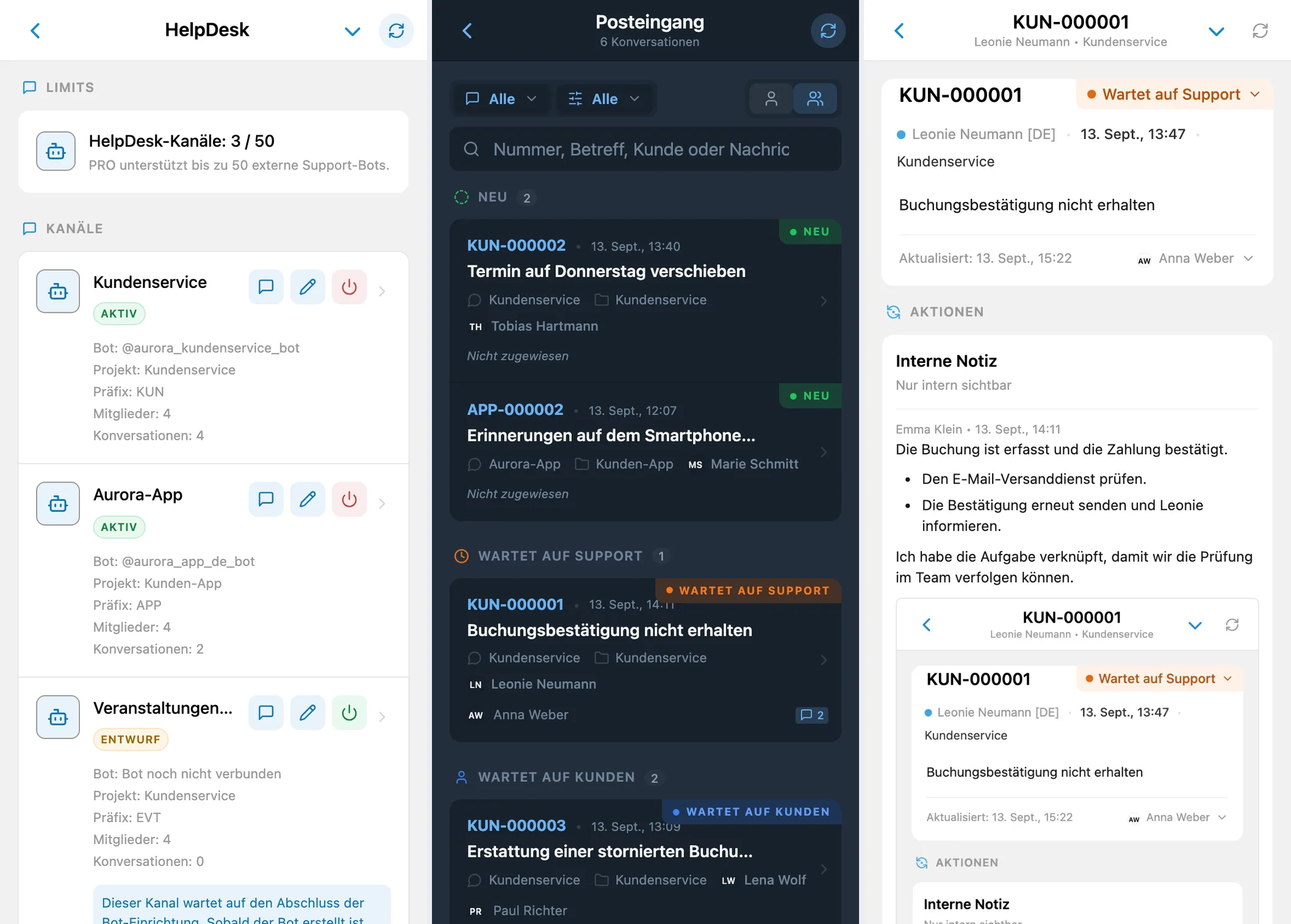 HelpDesk-Kanäle, gemeinsamer Posteingang und eine Kundenanfrage