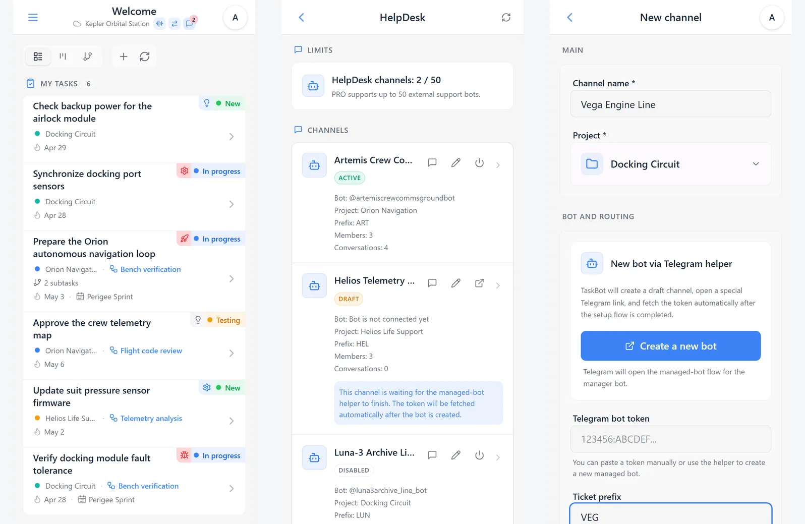 Home screen, HelpDesk channel list, and a filled new-channel form