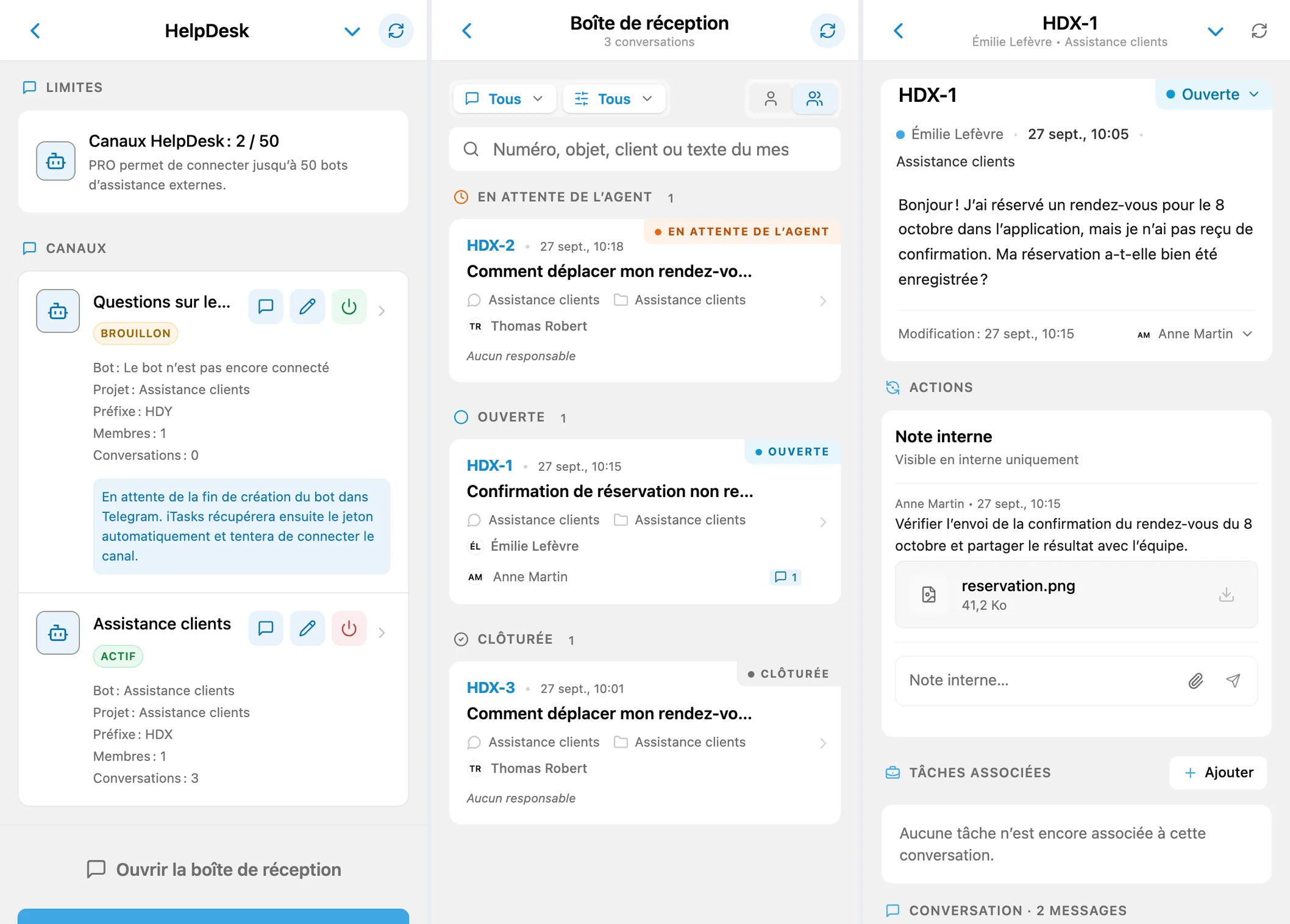 Canaux HelpDesk, boîte de réception partagée et demande client