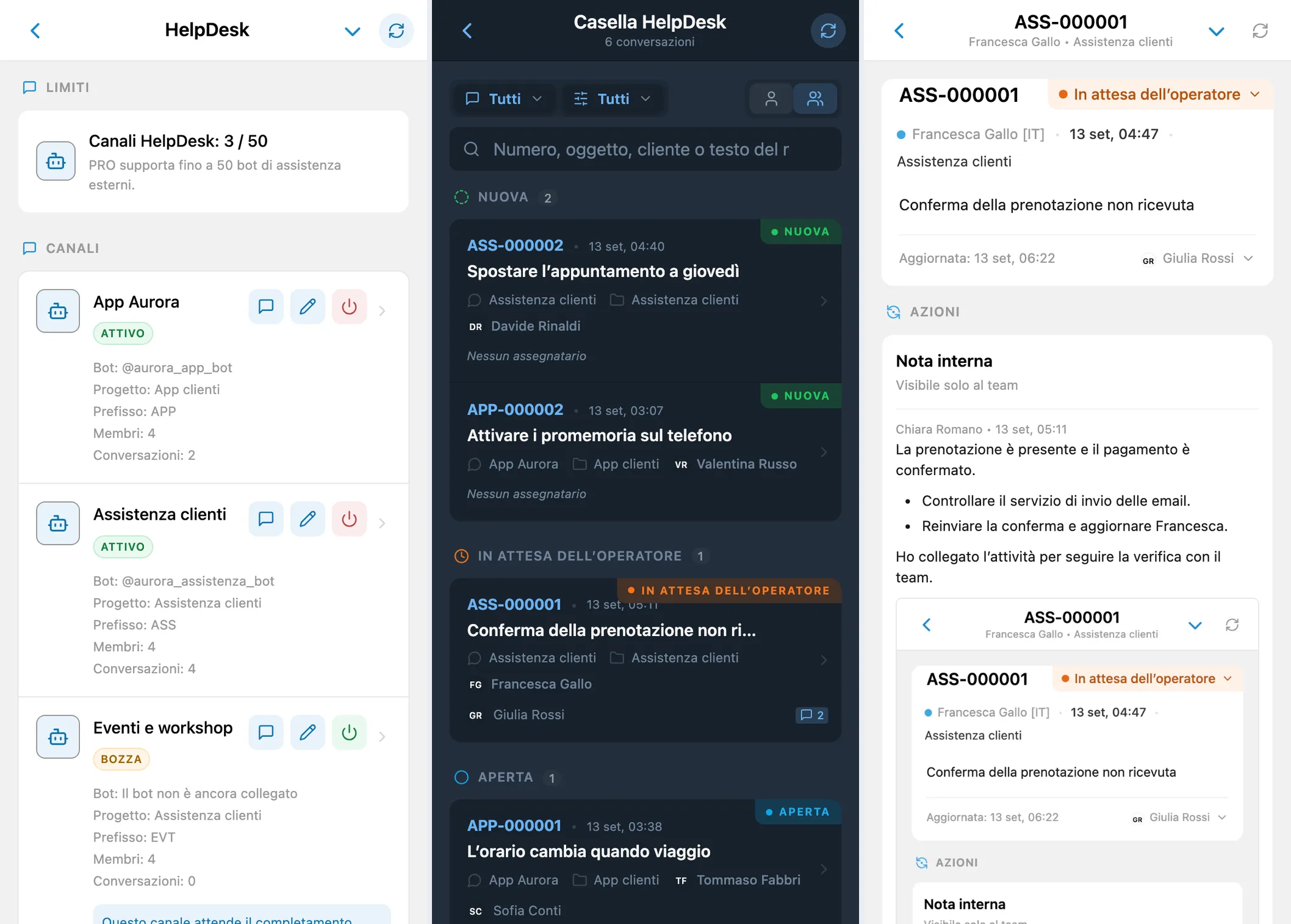 Canali HelpDesk di Studio Aurora, casella condivisa e riepilogo di una richiesta