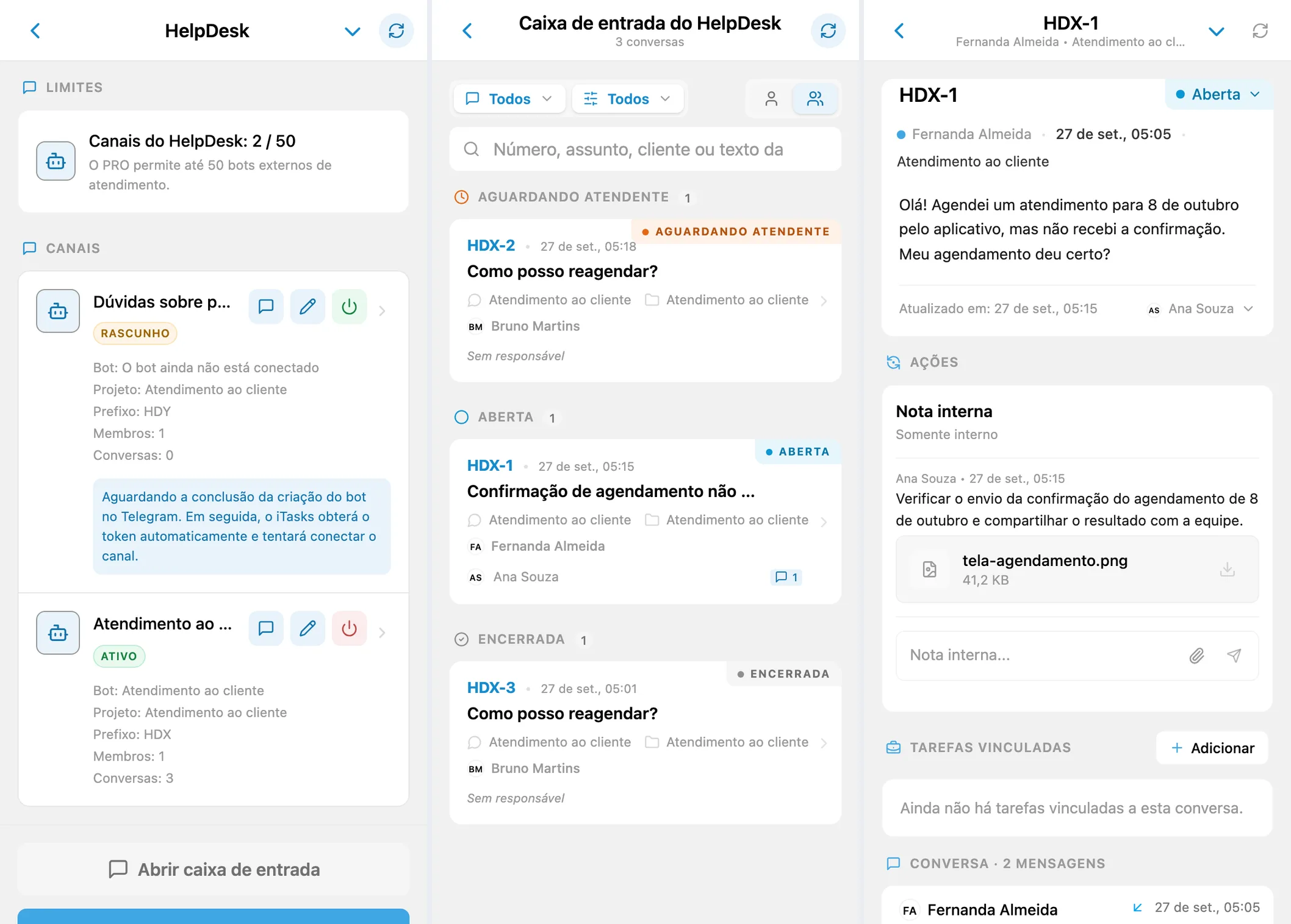 Canais de HelpDesk, caixa de entrada compartilhada e solicitação de um cliente