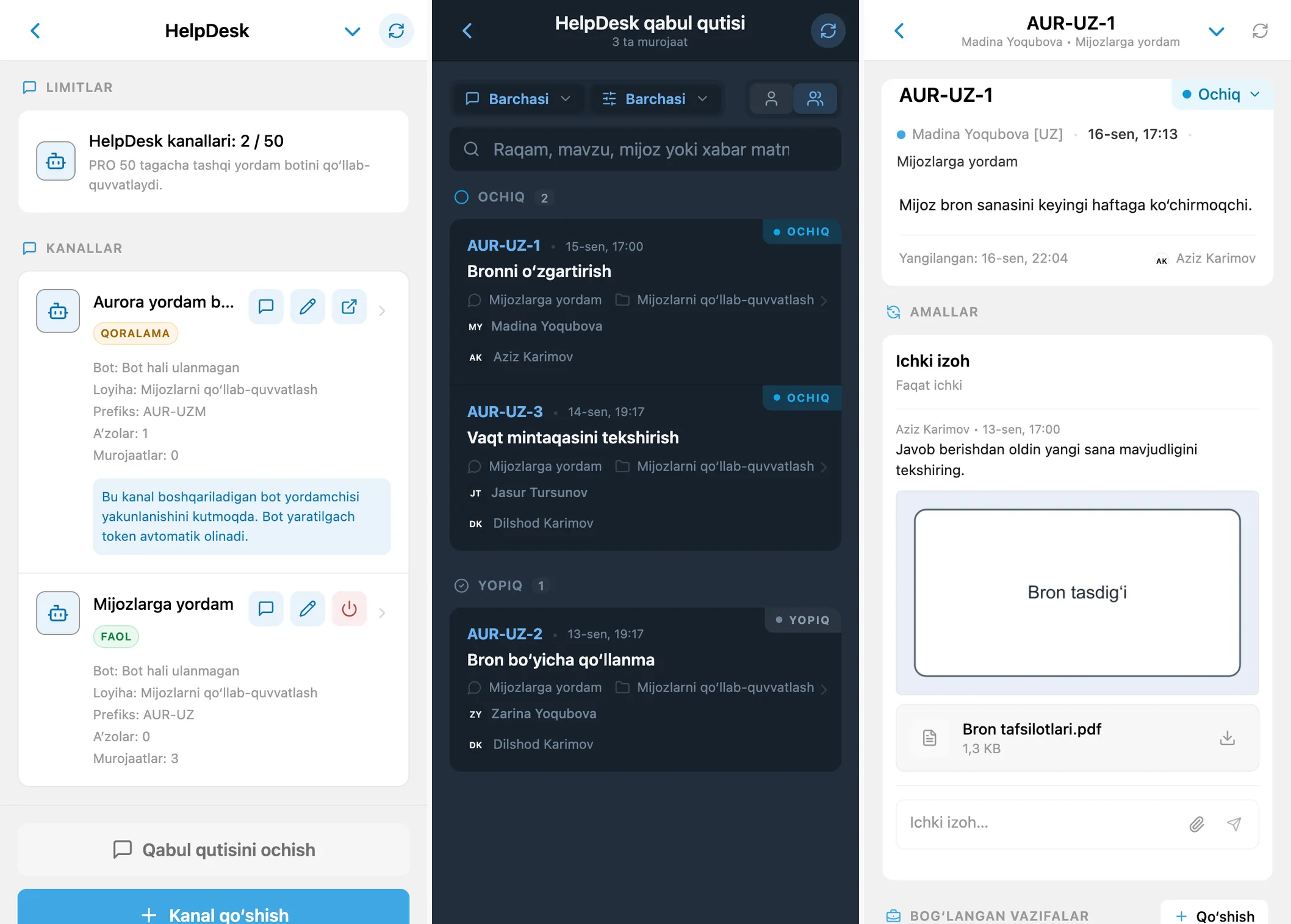 HelpDesk kanallari, umumiy kiruvchi quti va mijoz murojaati