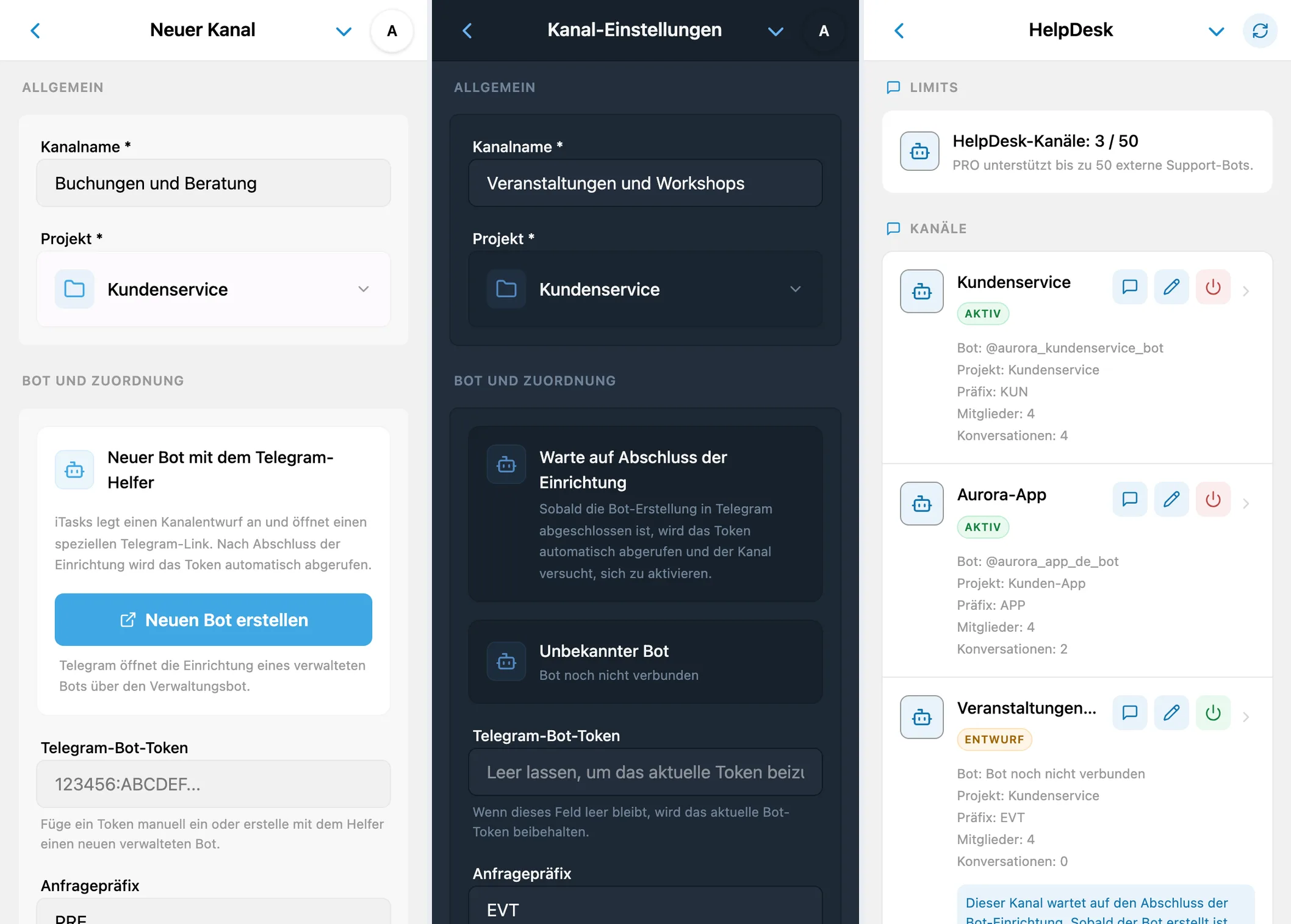 Neuer Kanal, Entwurf vor Abschluss der Telegram-Einrichtung und verbundene iTasks-Kanäle