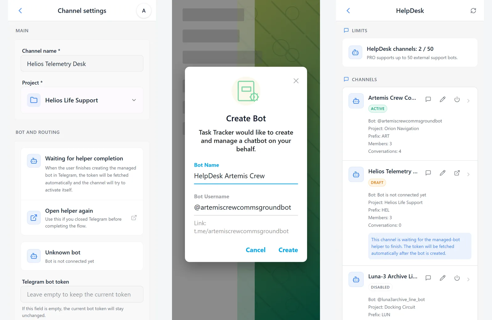 Managed bot draft, Telegram helper bot creation, and an active HelpDesk channel