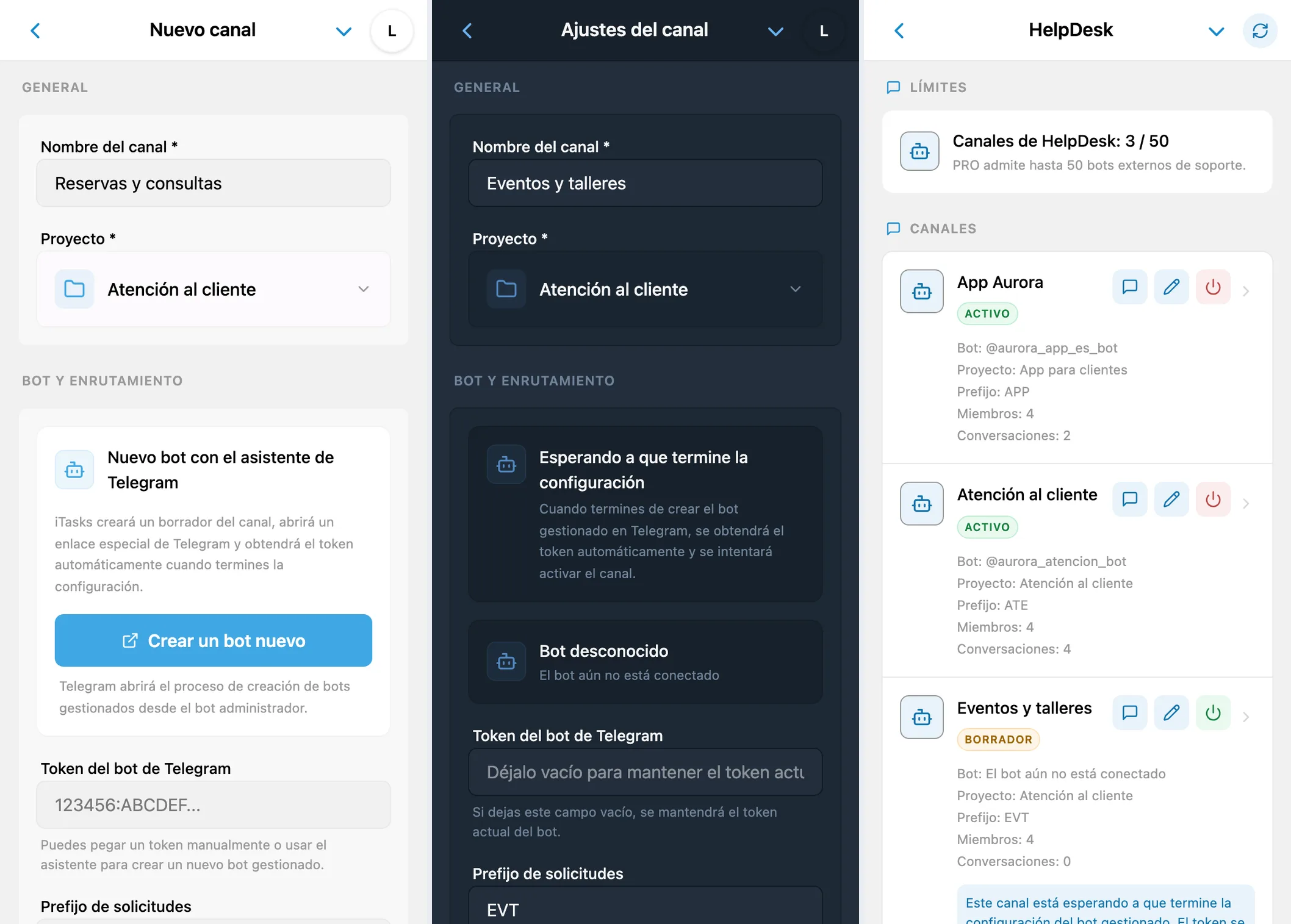 Formulario de nuevo canal, borrador pendiente de configuración en Telegram y canales conectados en iTasks