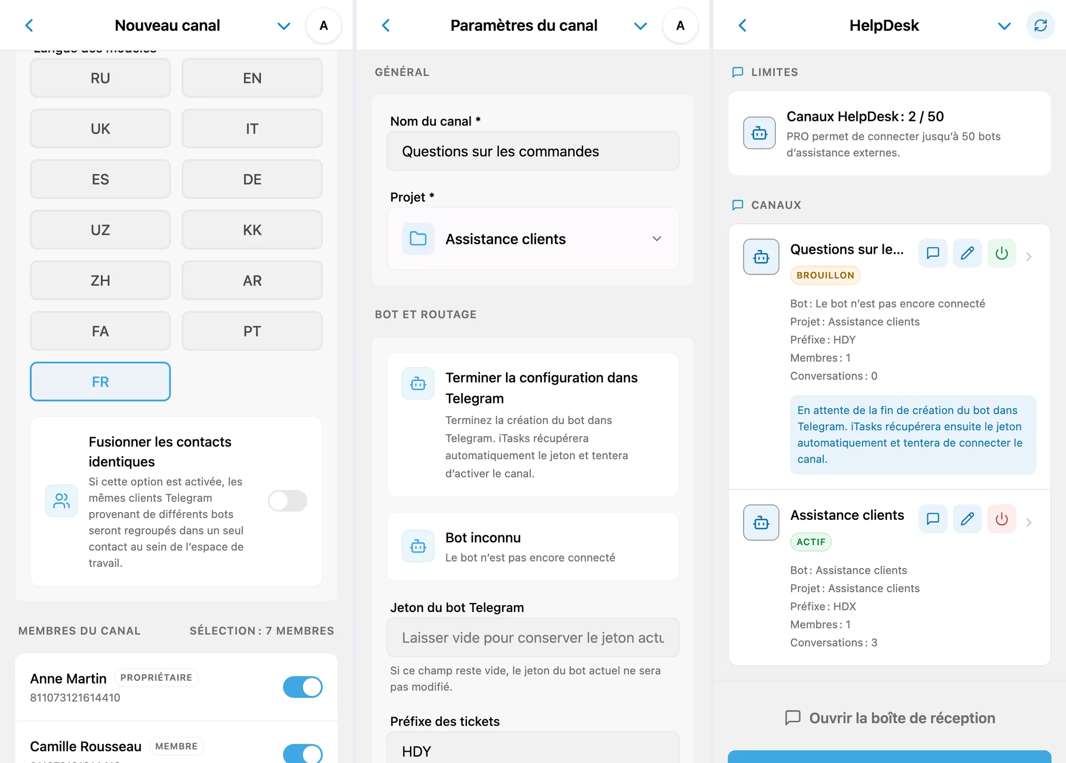 Formulaire du canal, brouillon en attente de Telegram et canaux connectés