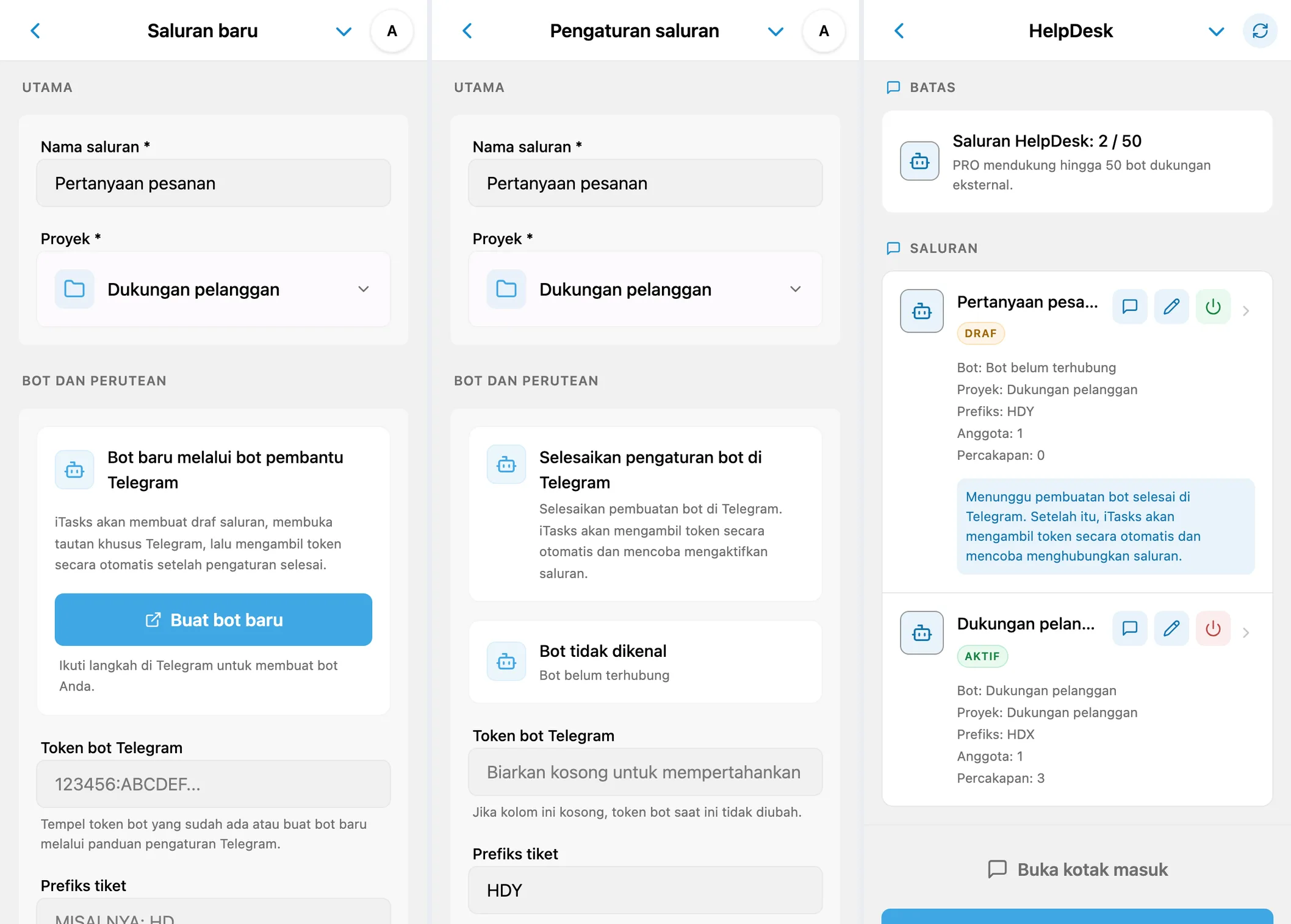 Formulir saluran, draf yang menunggu Telegram, dan saluran terhubung