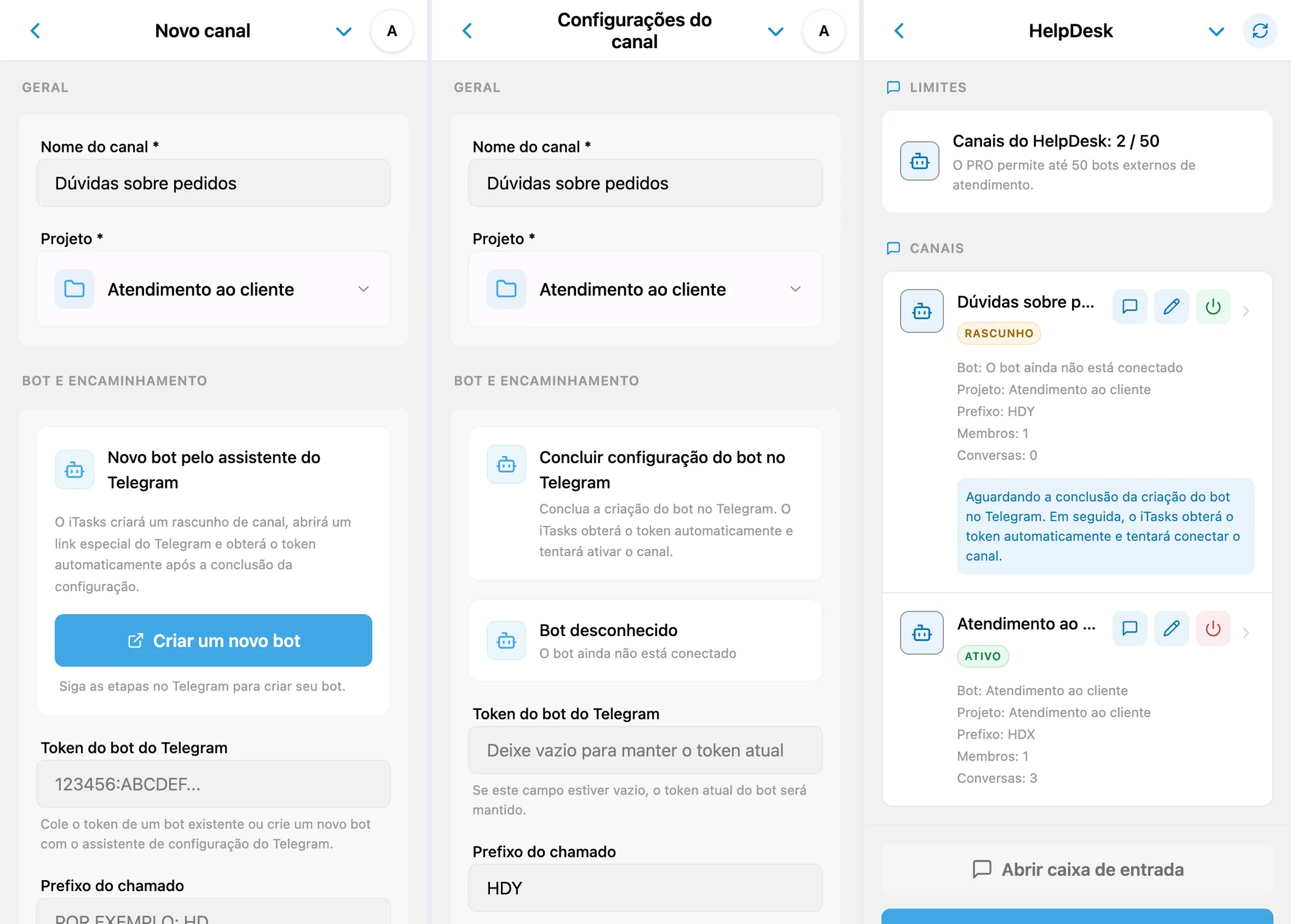 Formulário de canal, rascunho aguardando a configuração no Telegram e canais conectados