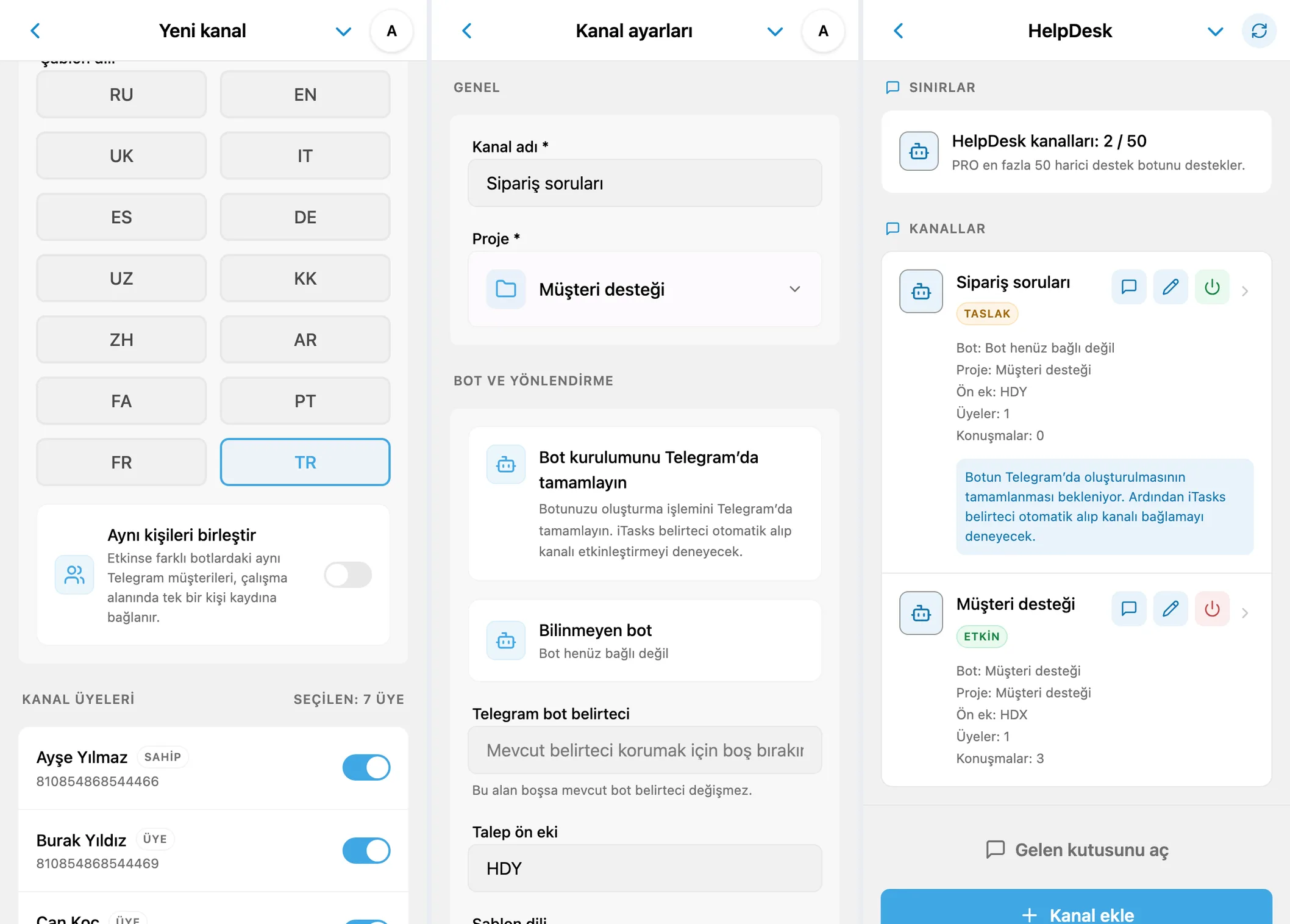Yeni kanal formu, Telegram kurulumunu bekleyen taslak ve bağlı iTasks kanalları