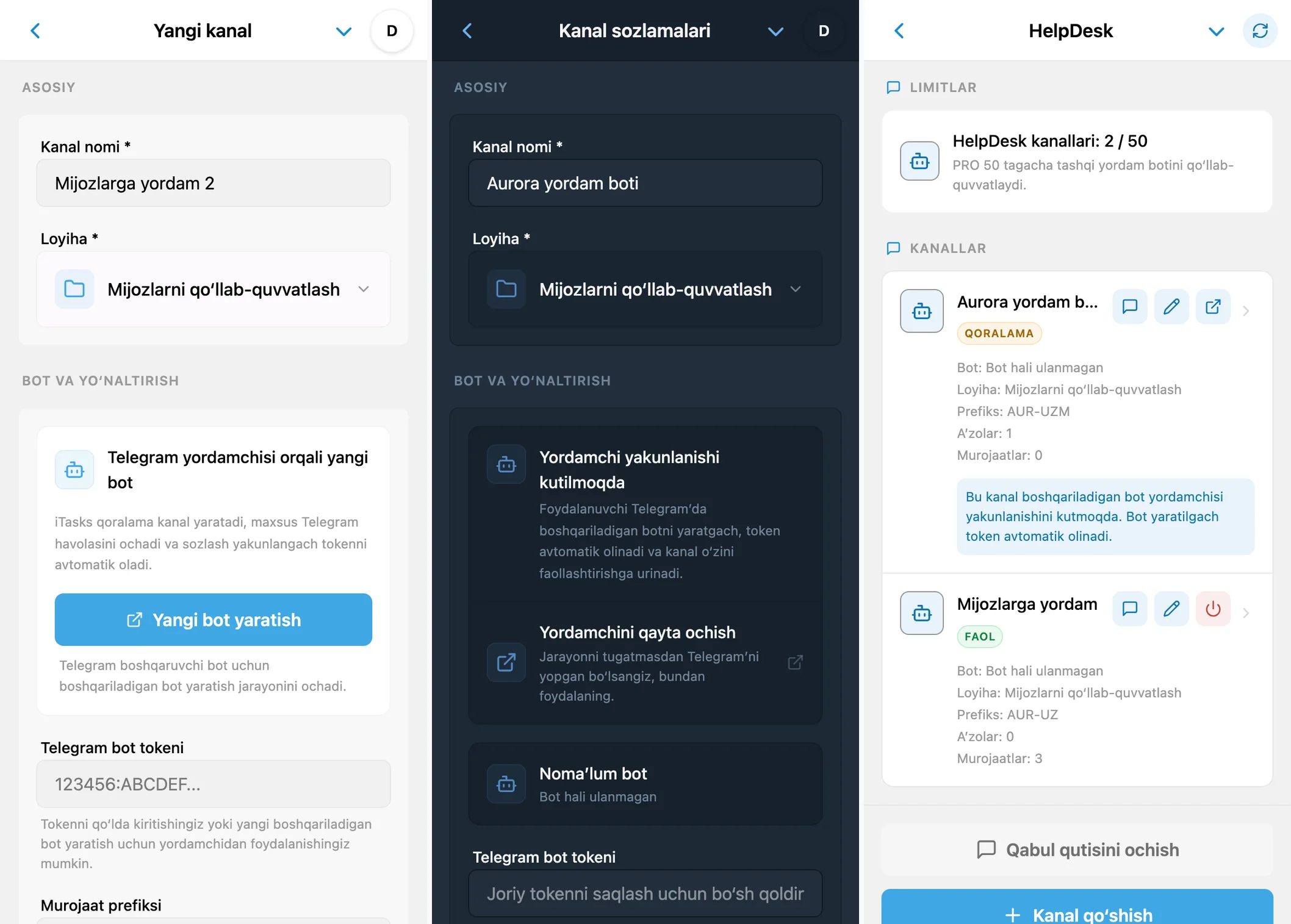 Yangi kanal shakli, Telegram sozlamalarini kutayotgan qoralama va ulangan iTasks kanallari