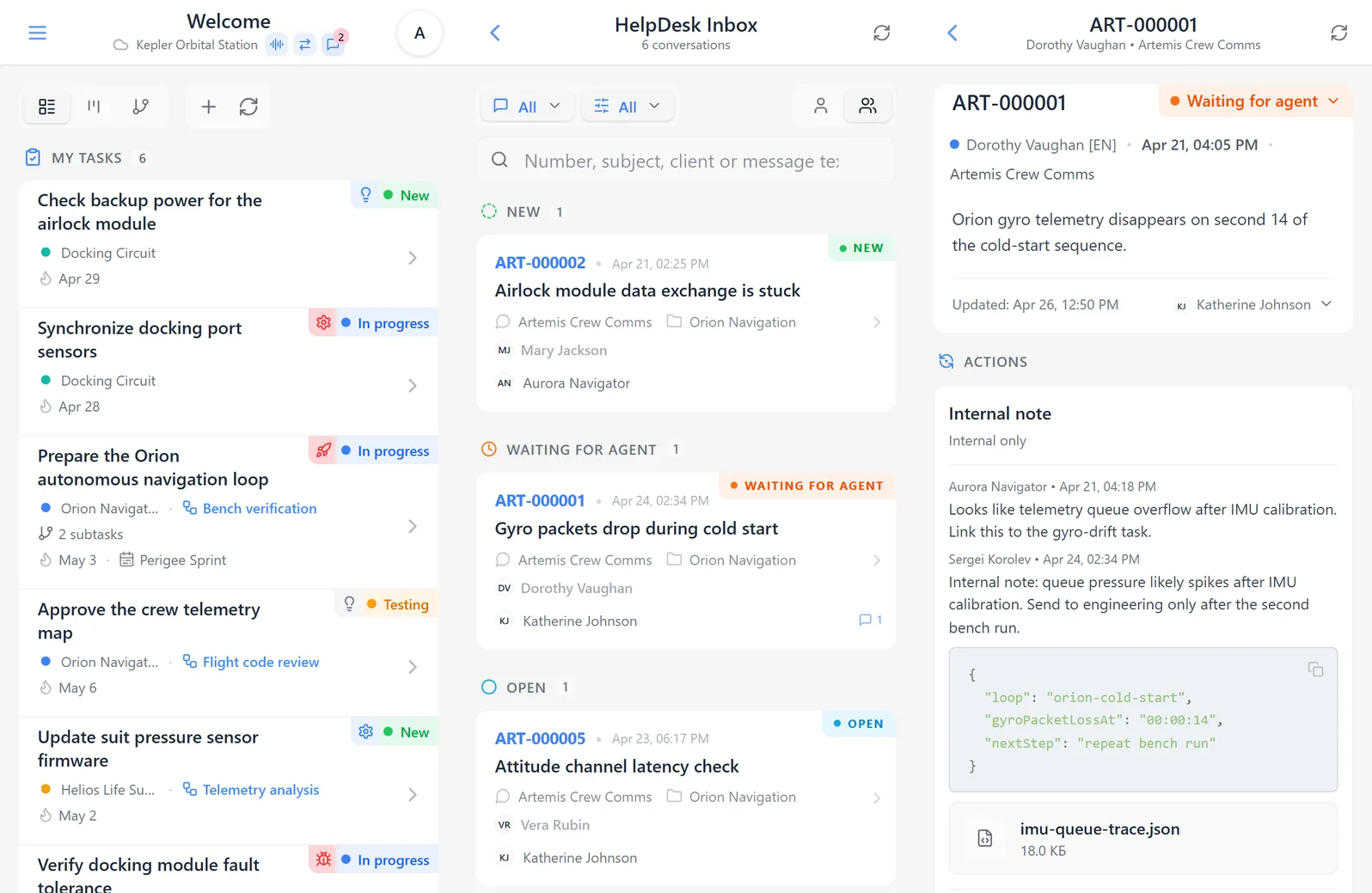 Home screen with the HelpDesk indicator, entering the section, and the open inbox