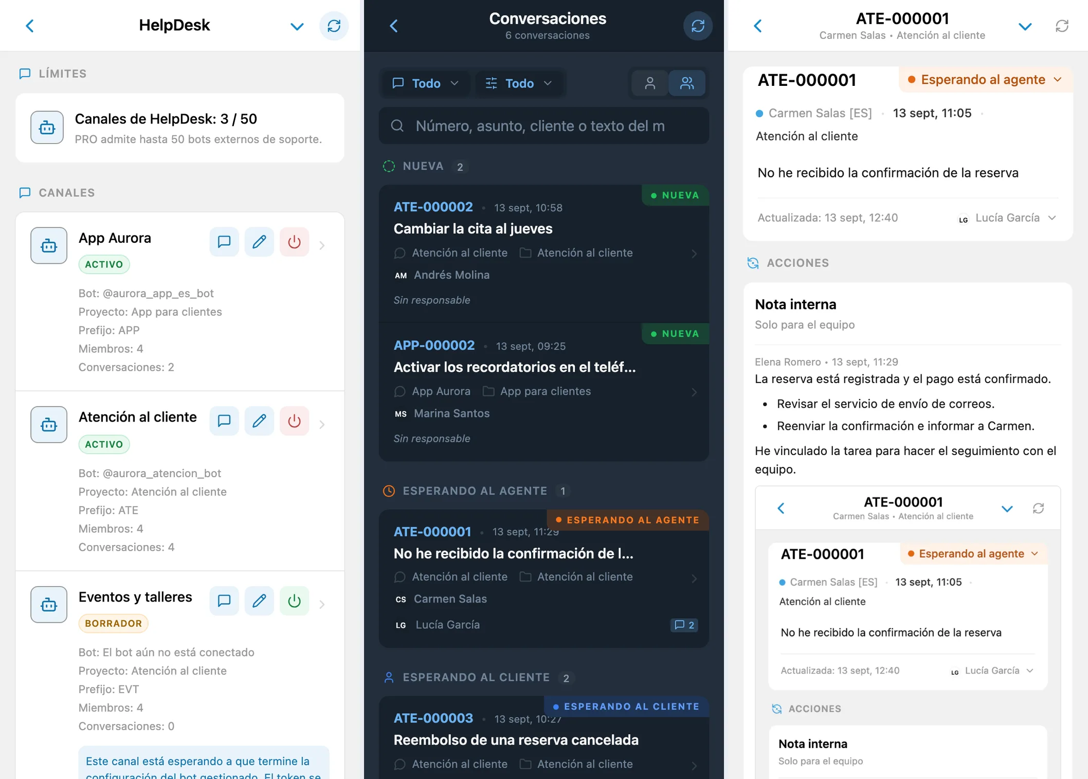 Canales, bandeja de HelpDesk y conversación con un cliente