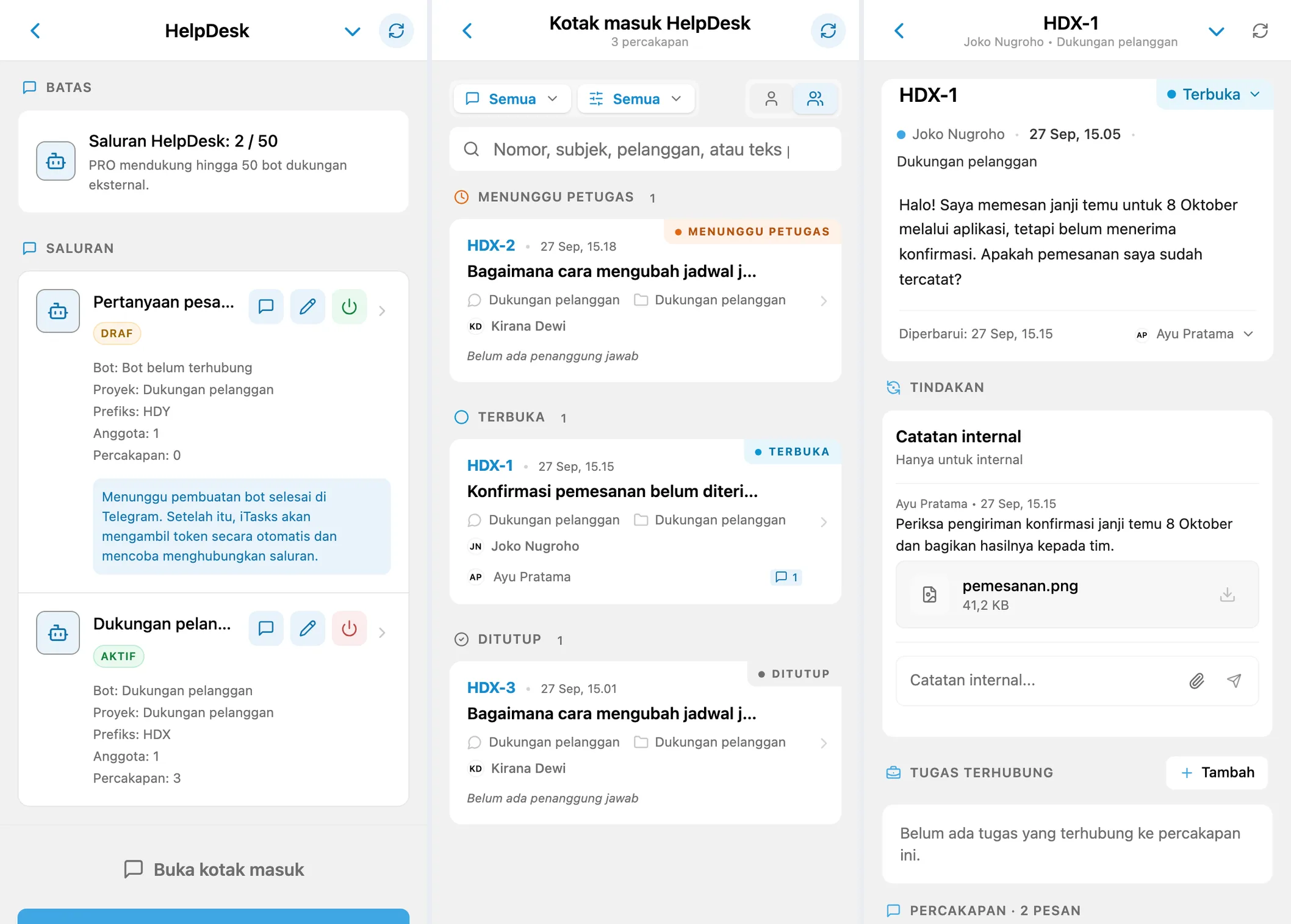Saluran, kotak masuk HelpDesk, dan percakapan pelanggan