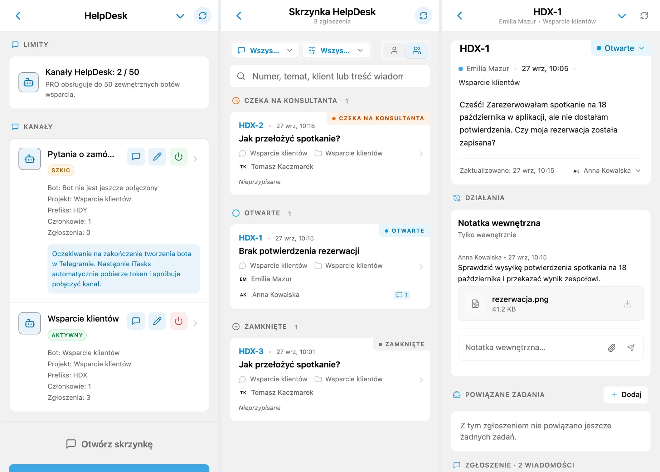 Kanały, skrzynka HelpDesk i rozmowa z klientem