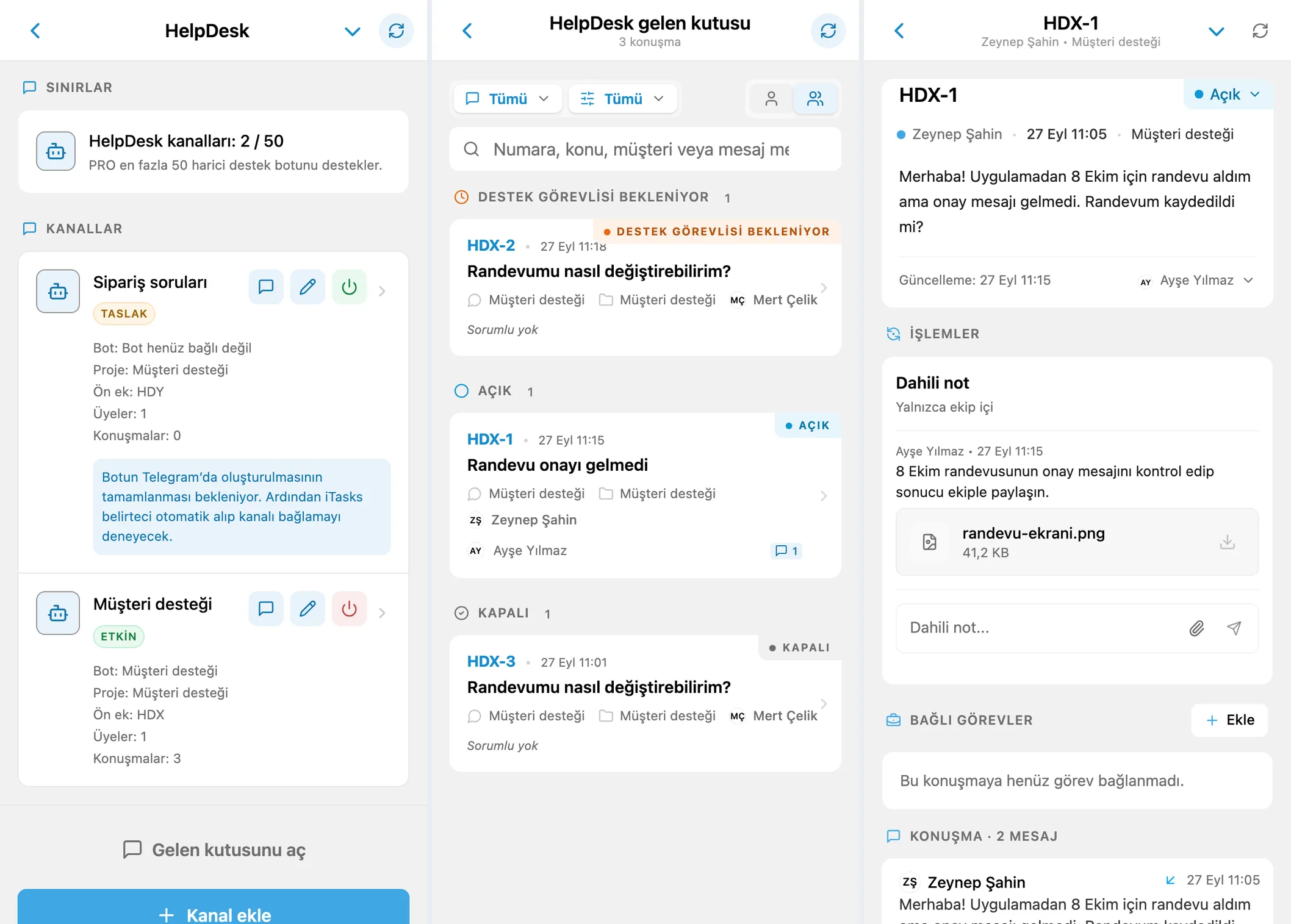 Kanallar, HelpDesk gelen kutusu ve bir müşteri konuşması