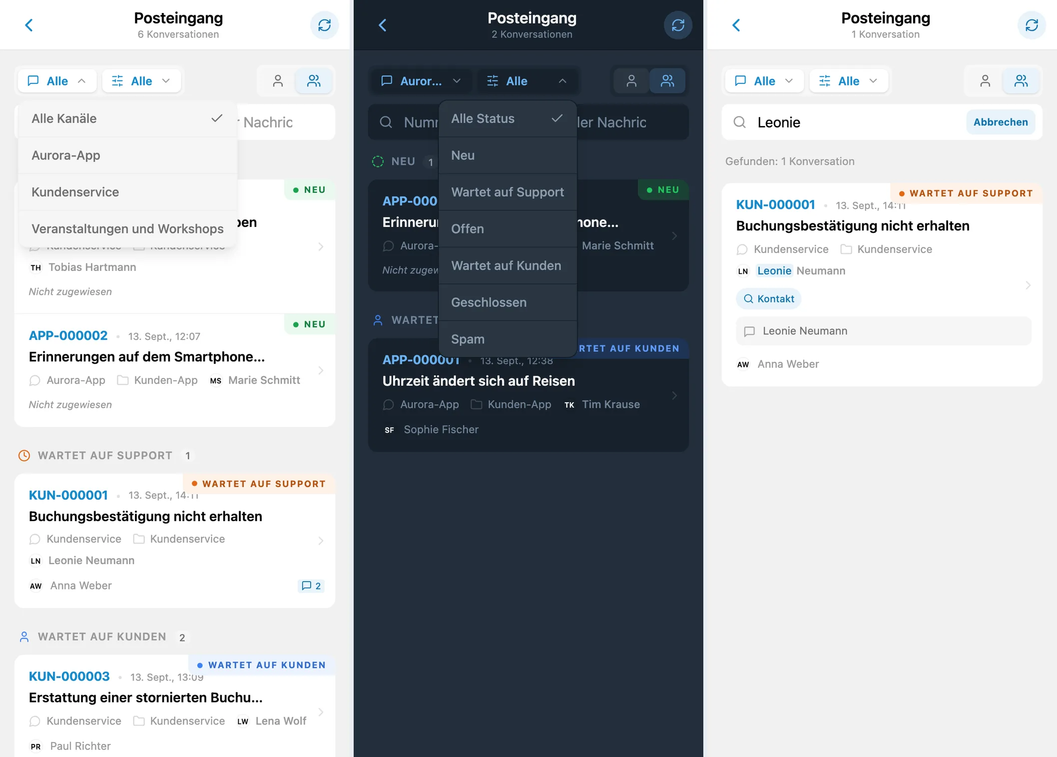 Kanal- und Statusfilter sowie Gesprächssuche nach Kundenname