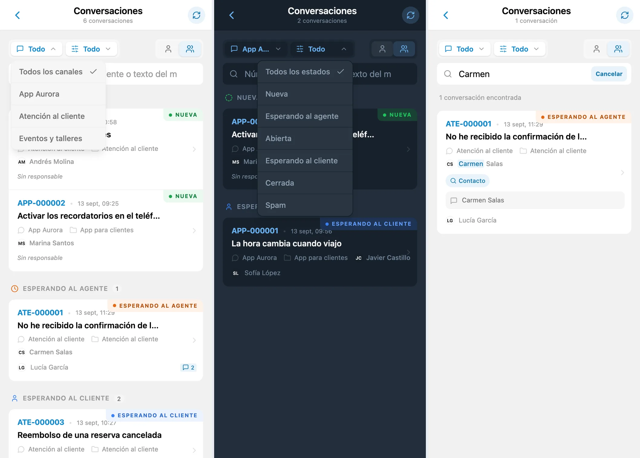 Filtros de canal y estado y búsqueda de conversaciones por nombre de cliente