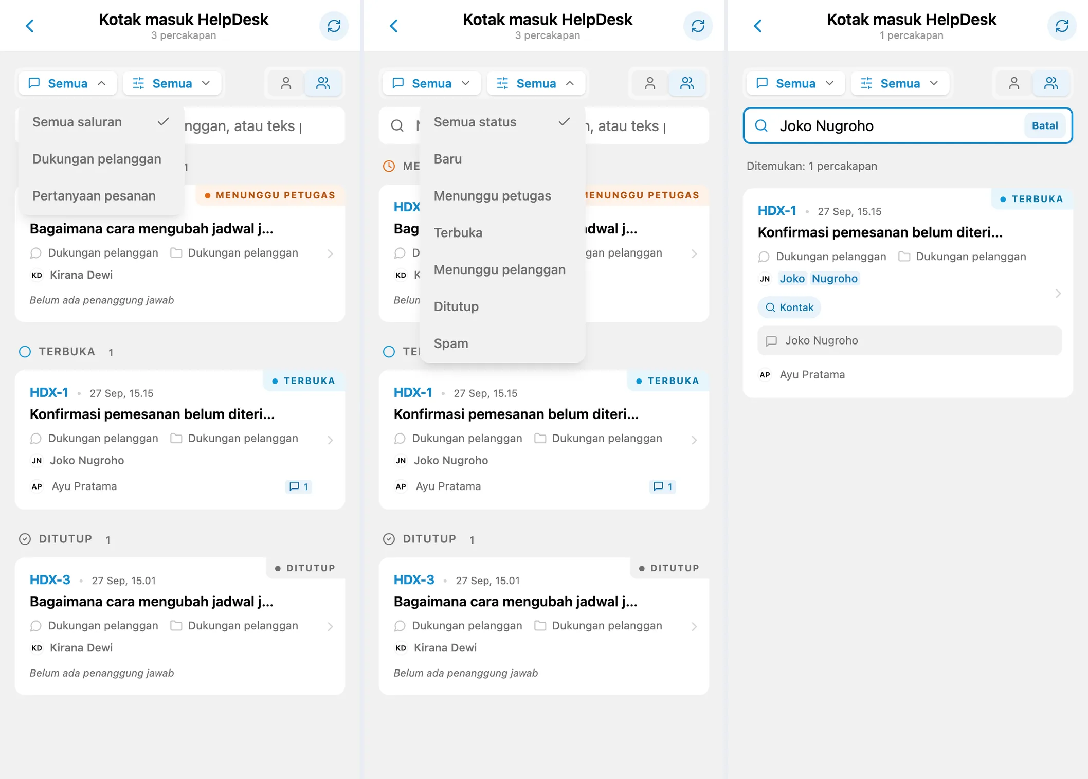 Filter saluran dan status, lalu pencarian berdasarkan nama pelanggan