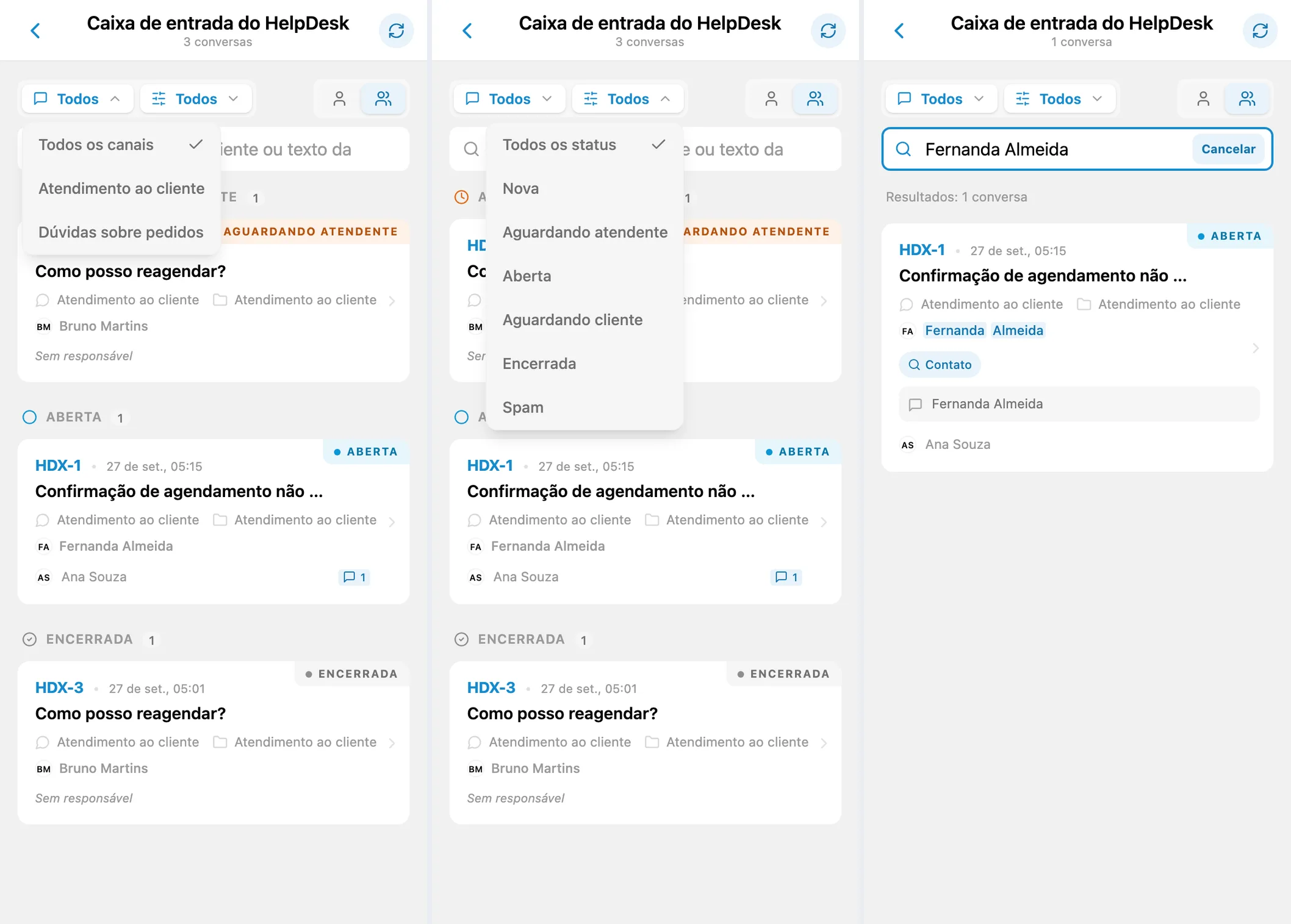 Filtros de canal e status e busca de conversas pelo nome do cliente