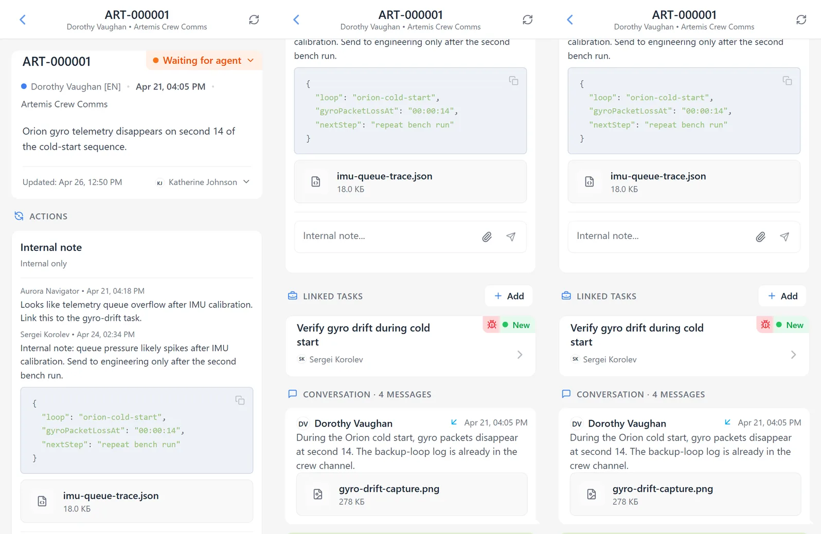 HelpDesk conversation card with client replies and internal notes
