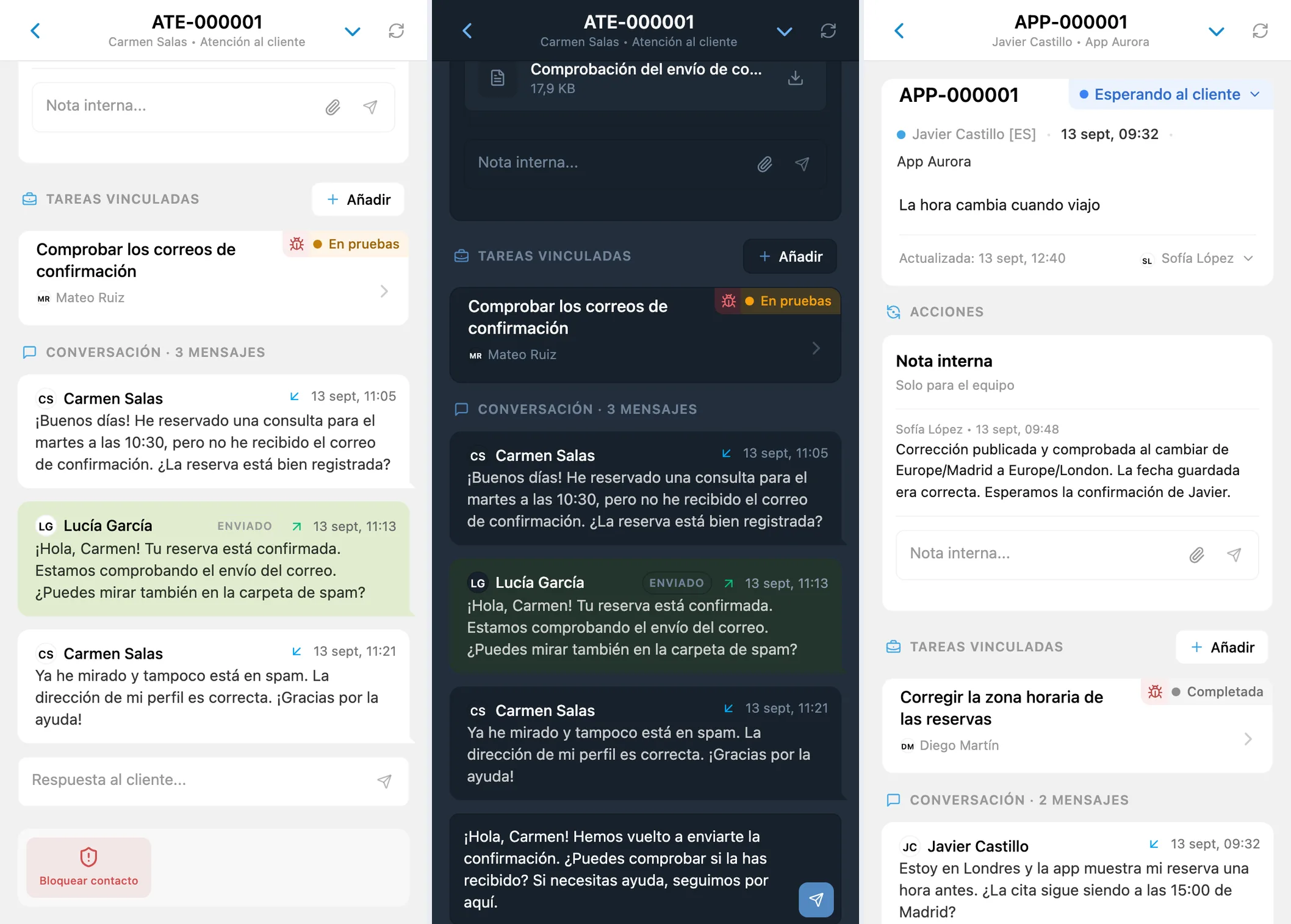 Conversación con un cliente, borrador de respuesta y nota interna del equipo