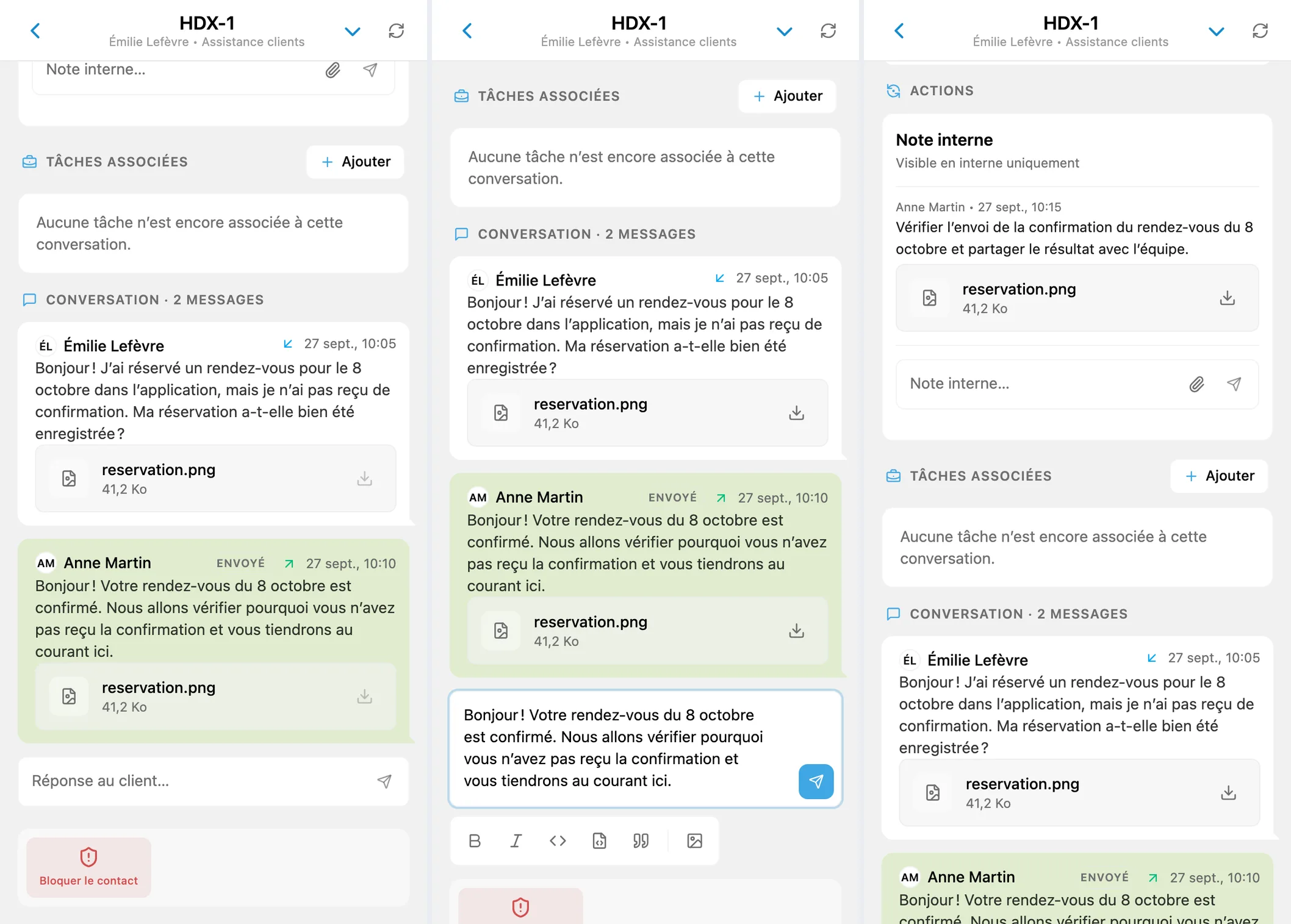 Conversation client, brouillon de réponse et note interne d’équipe