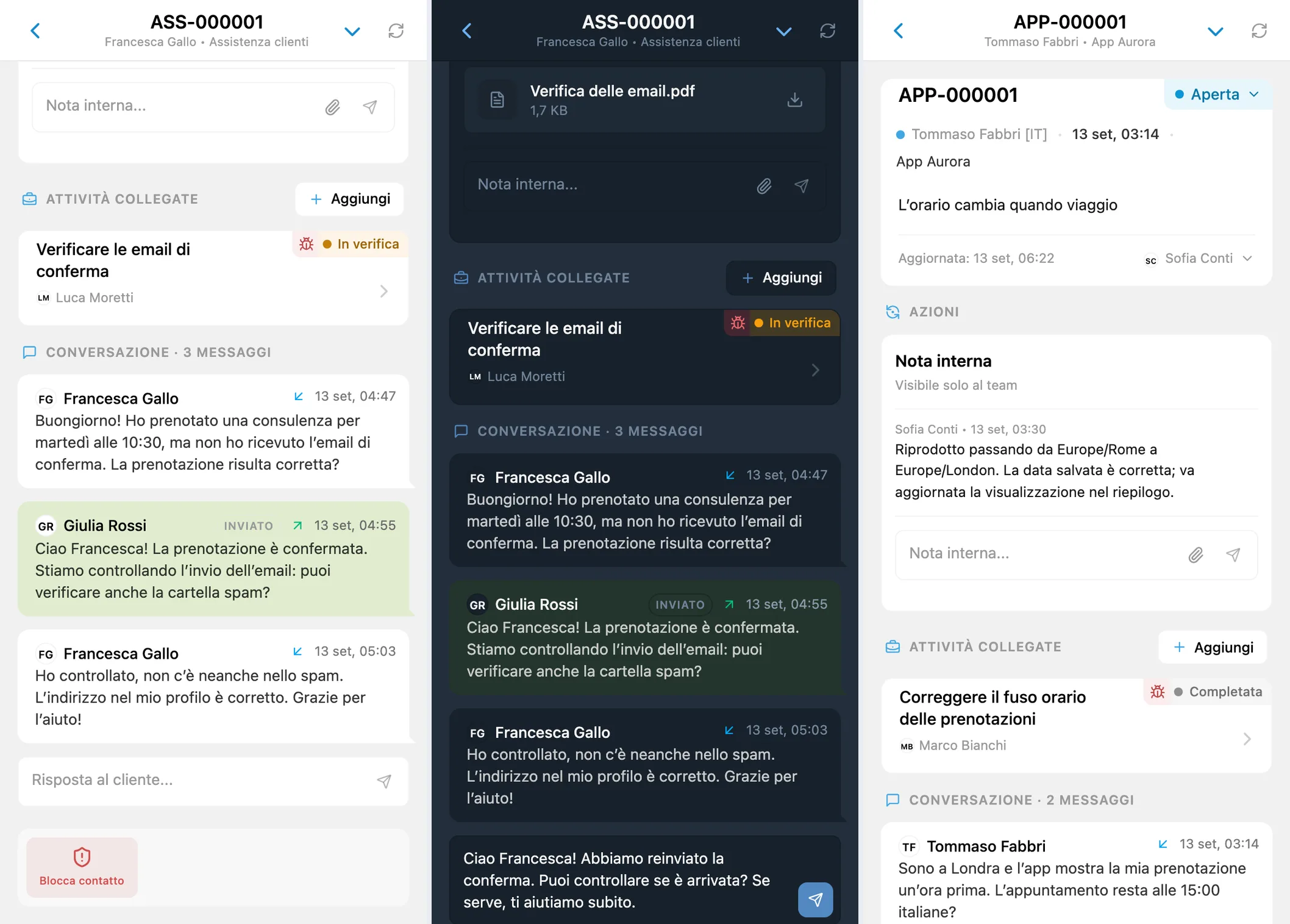 Cronologia cliente, risposta in preparazione e nota interna visibile solo al team