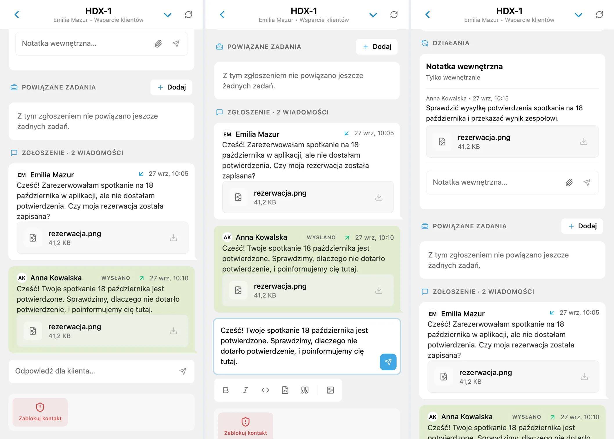 Rozmowa z klientem, szkic odpowiedzi i wewnętrzna notatka zespołu