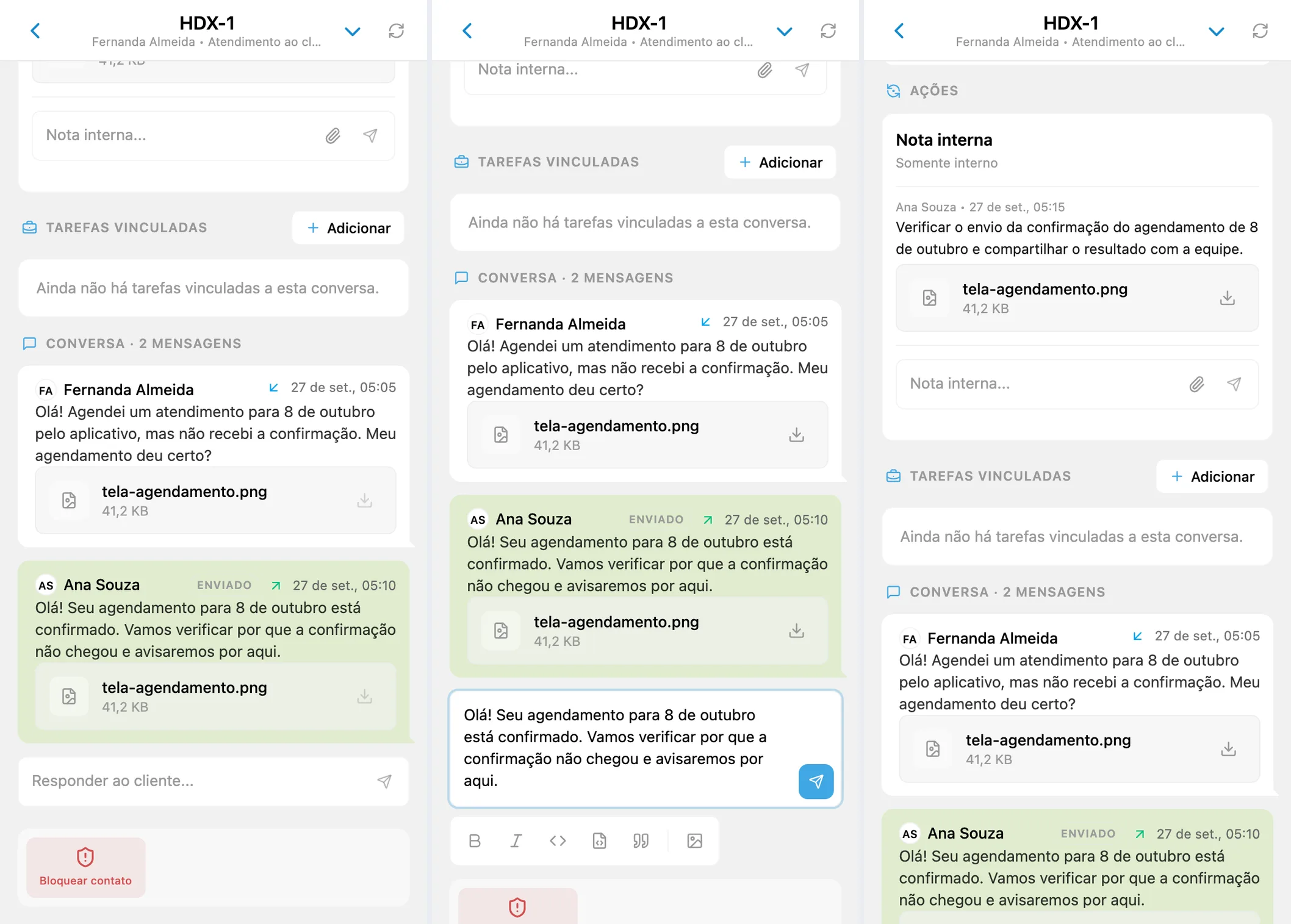 Conversa com um cliente, rascunho de resposta e nota interna da equipe